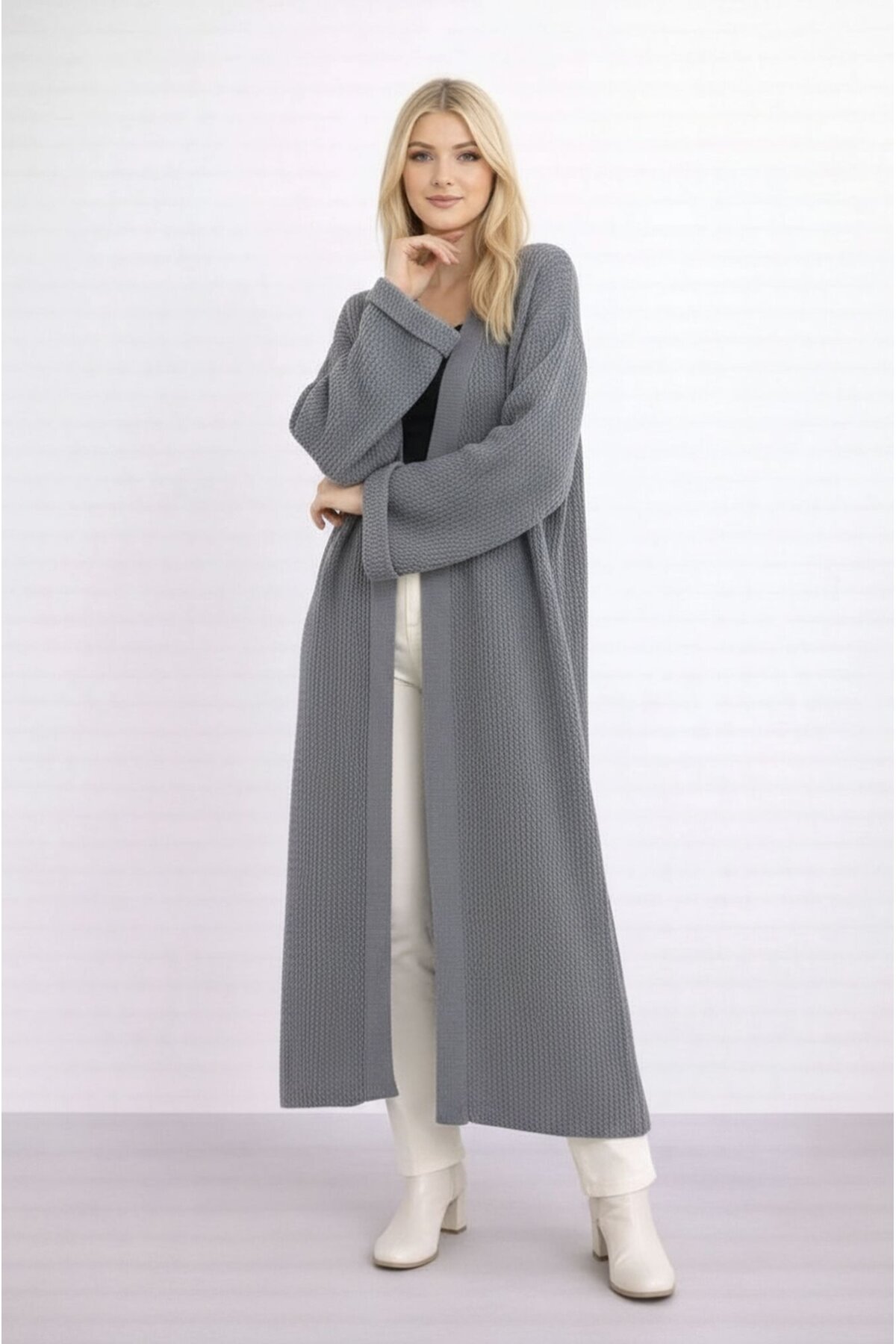 Kadın Tesettüre Uygun Maxi Boy Uzun Kol Spor Şık Örgü Triko Curve Uyumlu Hırka Ceket