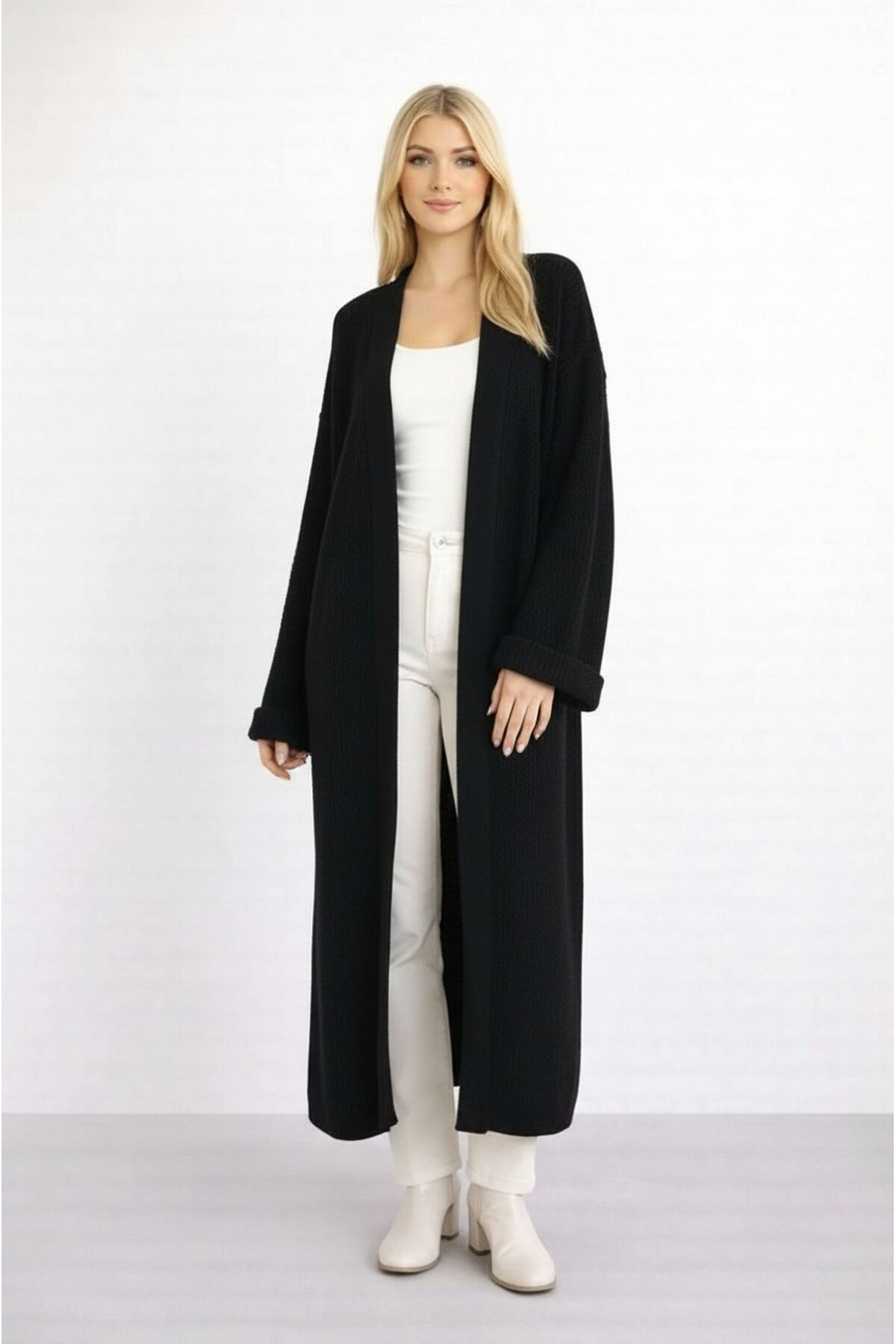 Kadın Tesettüre Uygun Maxi Boy Uzun Kol Spor Şık Örgü Triko Curve Uyumlu Hırka Ceket