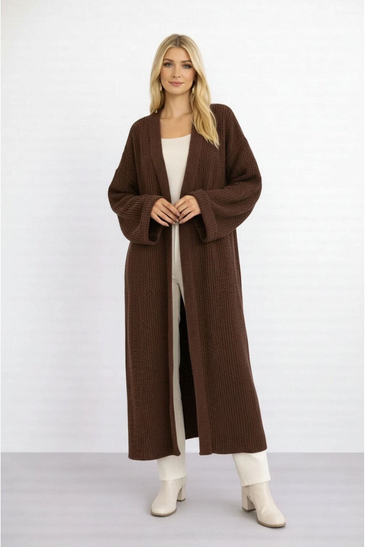 Kadın Tesettüre Uygun Maxi Boy Uzun Kol Spor Şık Örgü Triko Curve Uyumlu Hırka Ceket