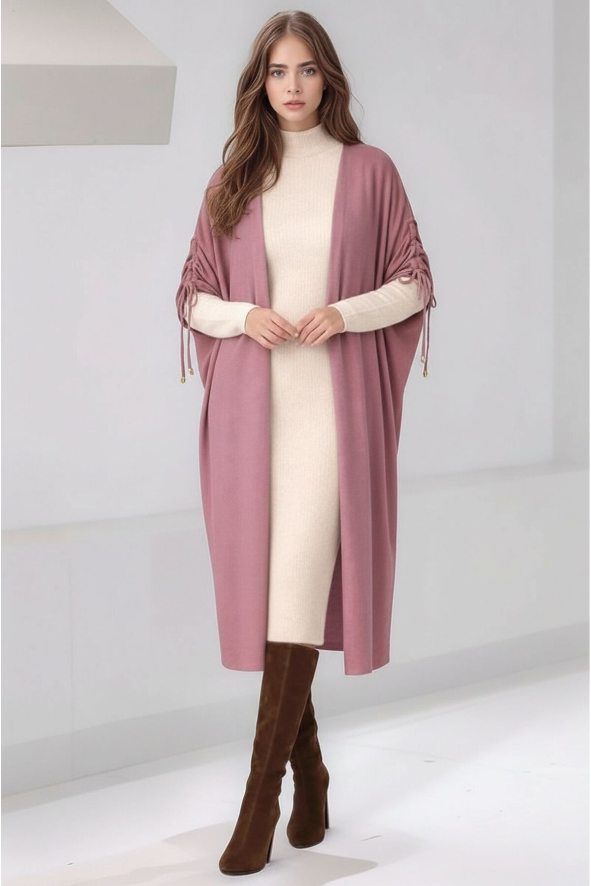 Kadın Tesettüre Uygun Midi Boy Yarasa Kol Omuzdan Bağlamalı Triko Curve Uyumlu Kuşaksız Hırka Ceket