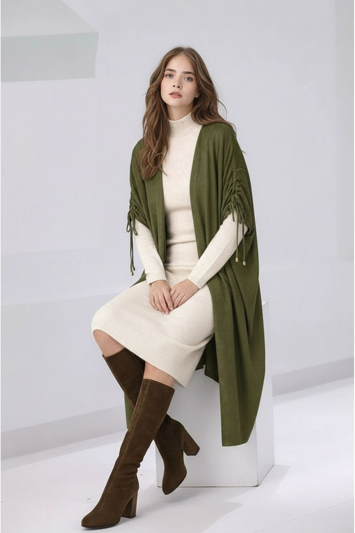 Kadın Tesettüre Uygun Midi Boy Yarasa Kol Omuzdan Bağlamalı Triko Curve Uyumlu Kuşaksız Hırka Ceket