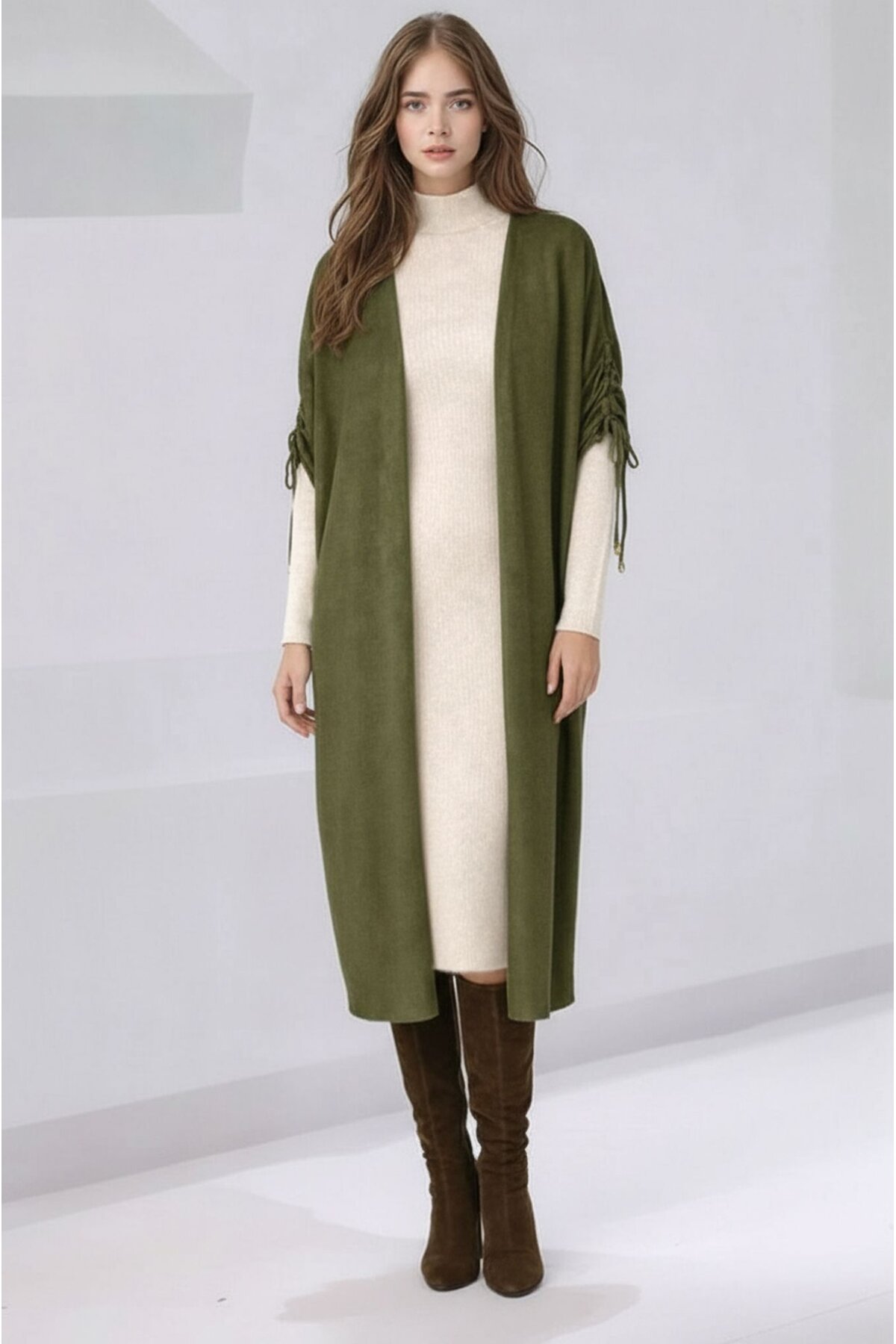 Kadın Tesettüre Uygun Midi Boy Yarasa Kol Omuzdan Bağlamalı Triko Curve Uyumlu Kuşaksız Hırka Ceket