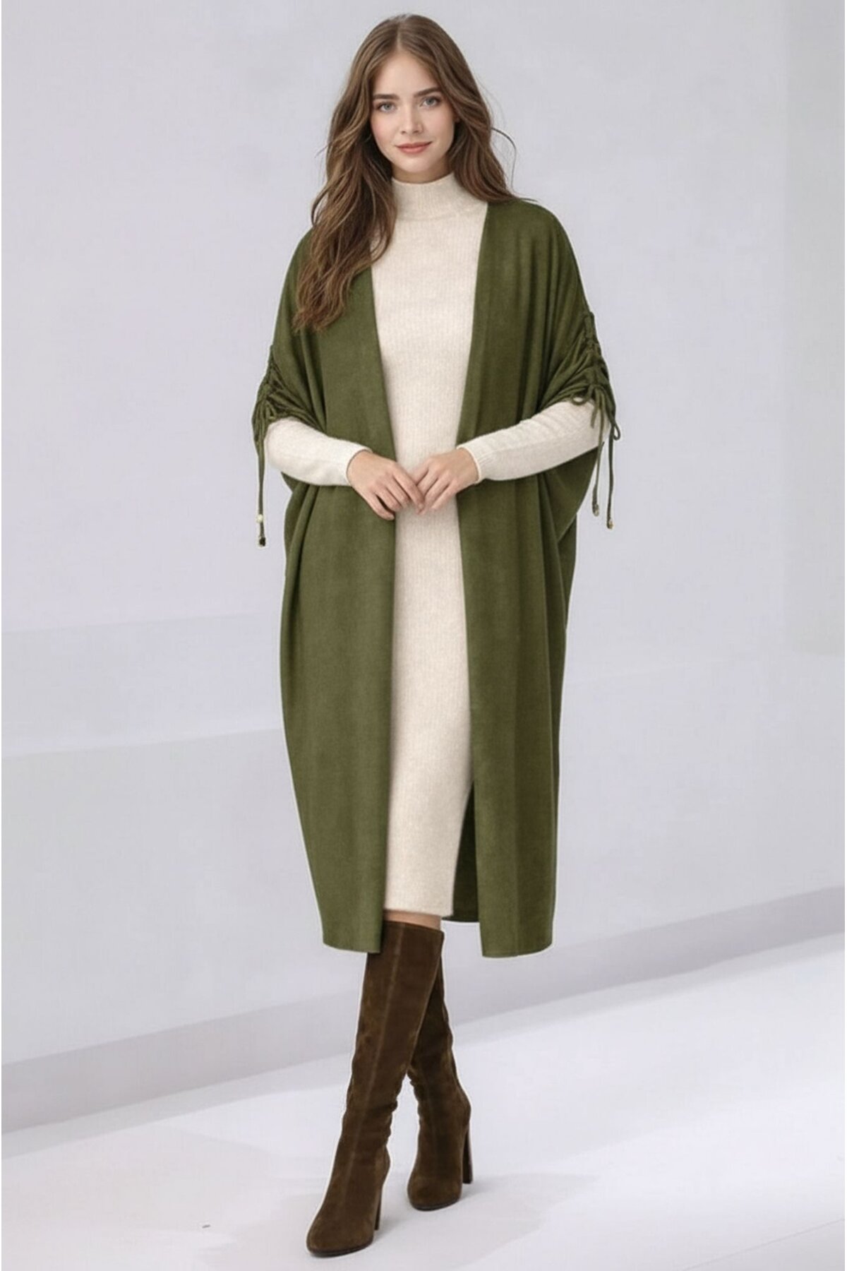 Kadın Tesettüre Uygun Midi Boy Yarasa Kol Omuzdan Bağlamalı Triko Curve Uyumlu Kuşaksız Hırka Ceket