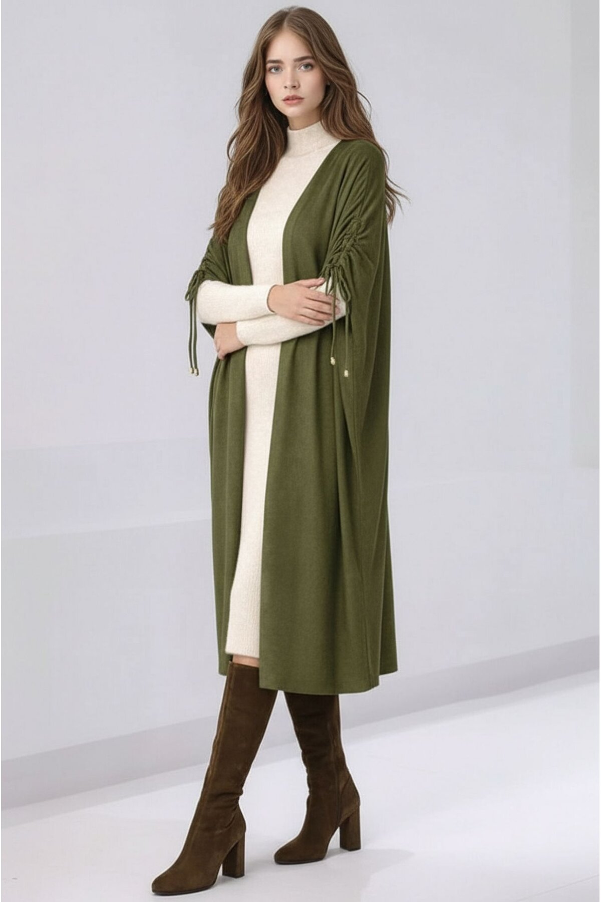 Kadın Tesettüre Uygun Midi Boy Yarasa Kol Omuzdan Bağlamalı Triko Curve Uyumlu Kuşaksız Hırka Ceket