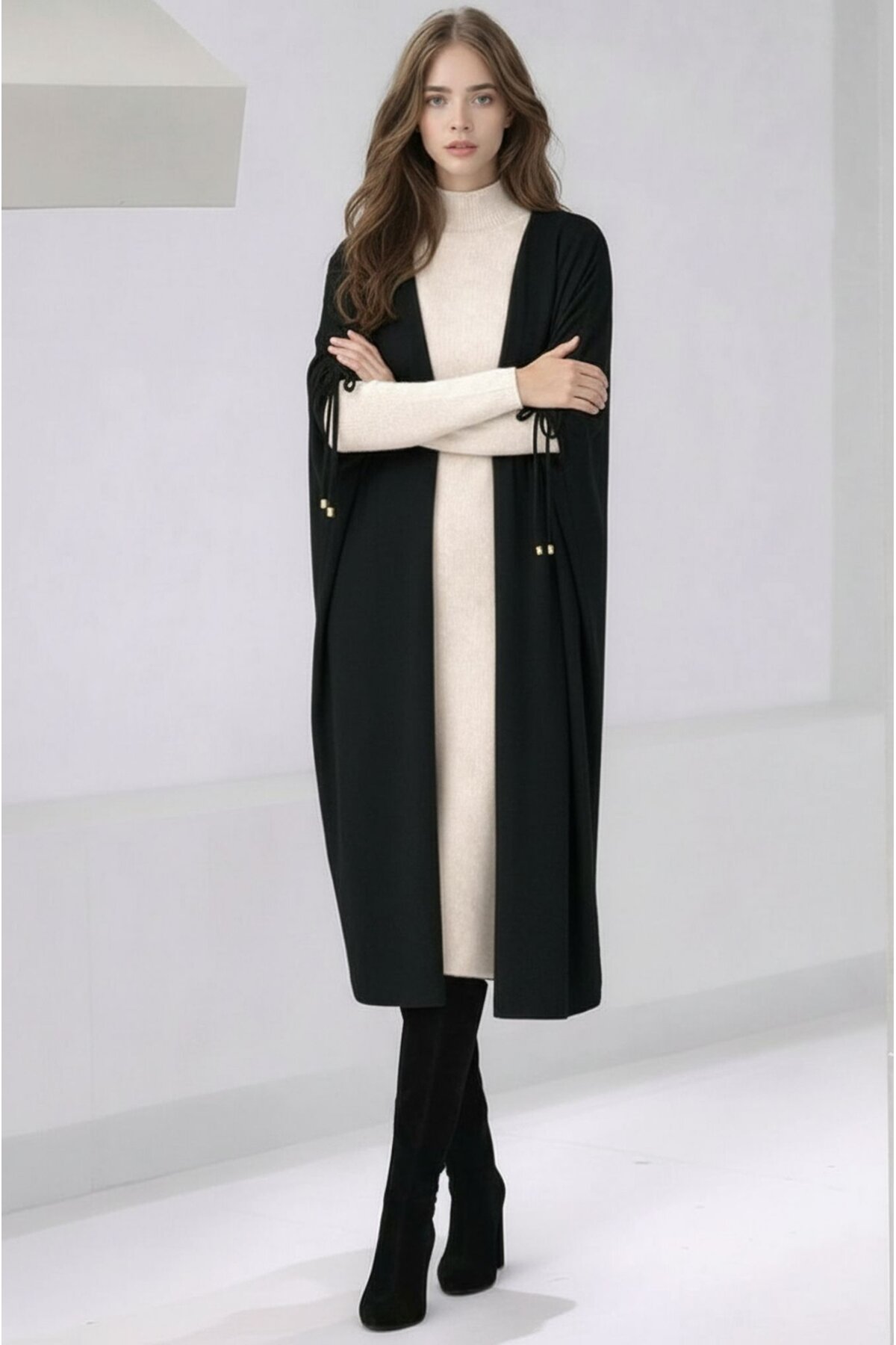 Kadın Tesettüre Uygun Midi Boy Yarasa Kol Omuzdan Bağlamalı Triko Curve Uyumlu Kuşaksız Hırka Ceket