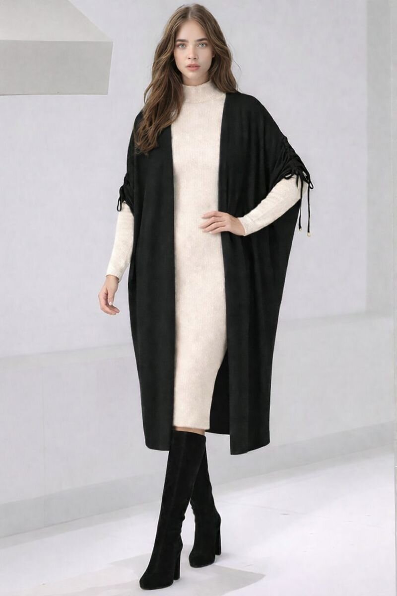 Kadın Tesettüre Uygun Midi Boy Yarasa Kol Omuzdan Bağlamalı Triko Curve Uyumlu Kuşaksız Hırka Ceket