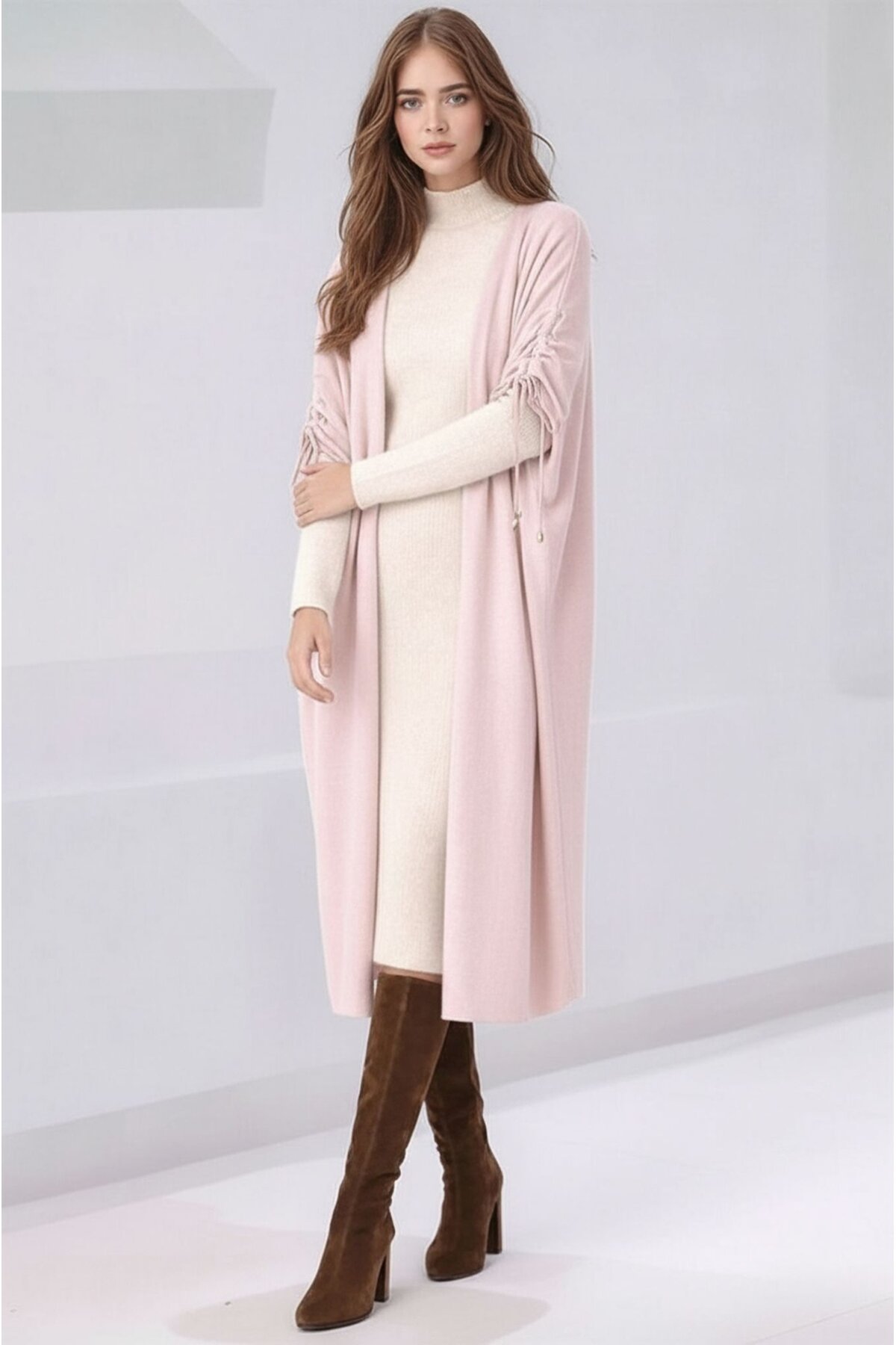 Kadın Tesettüre Uygun Midi Boy Yarasa Kol Omuzdan Bağlamalı Triko Curve Uyumlu Kuşaksız Hırka Ceket