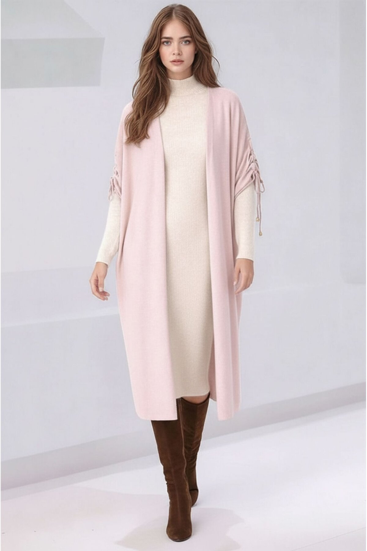 Kadın Tesettüre Uygun Midi Boy Yarasa Kol Omuzdan Bağlamalı Triko Curve Uyumlu Kuşaksız Hırka Ceket