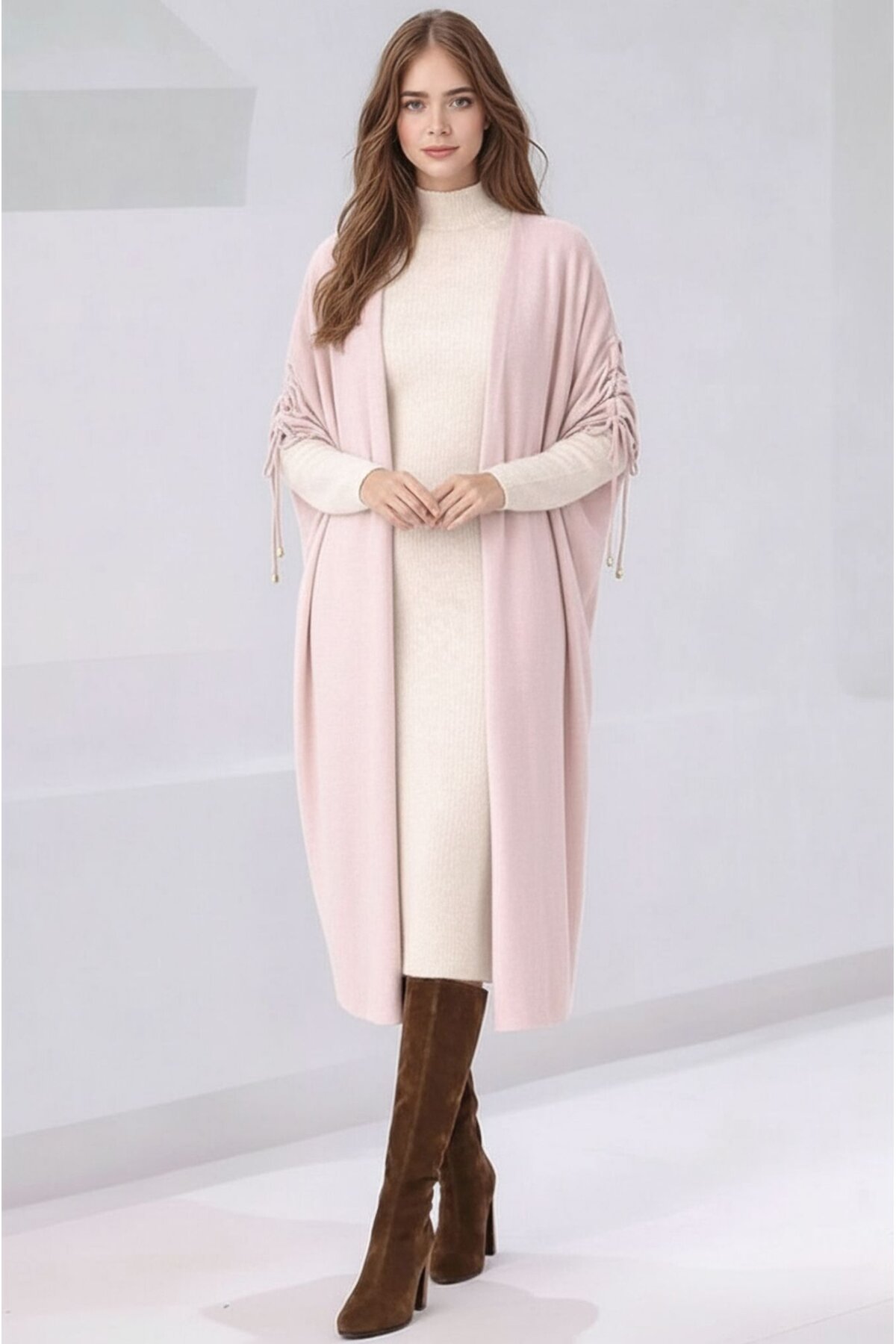 Kadın Tesettüre Uygun Midi Boy Yarasa Kol Omuzdan Bağlamalı Triko Curve Uyumlu Kuşaksız Hırka Ceket