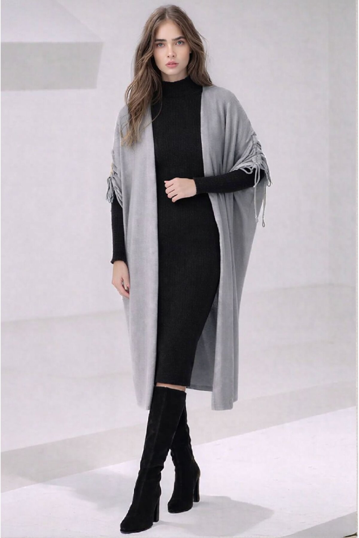 Kadın Tesettüre Uygun Midi Boy Yarasa Kol Omuzdan Bağlamalı Triko Curve Uyumlu Kuşaksız Hırka Ceket