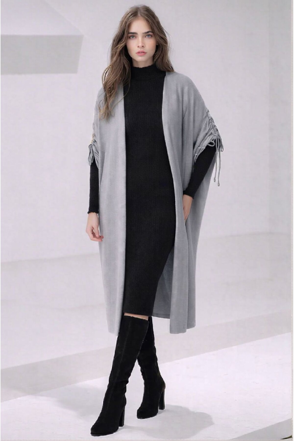 Kadın Tesettüre Uygun Midi Boy Yarasa Kol Omuzdan Bağlamalı Triko Curve Uyumlu Kuşaksız Hırka Ceket