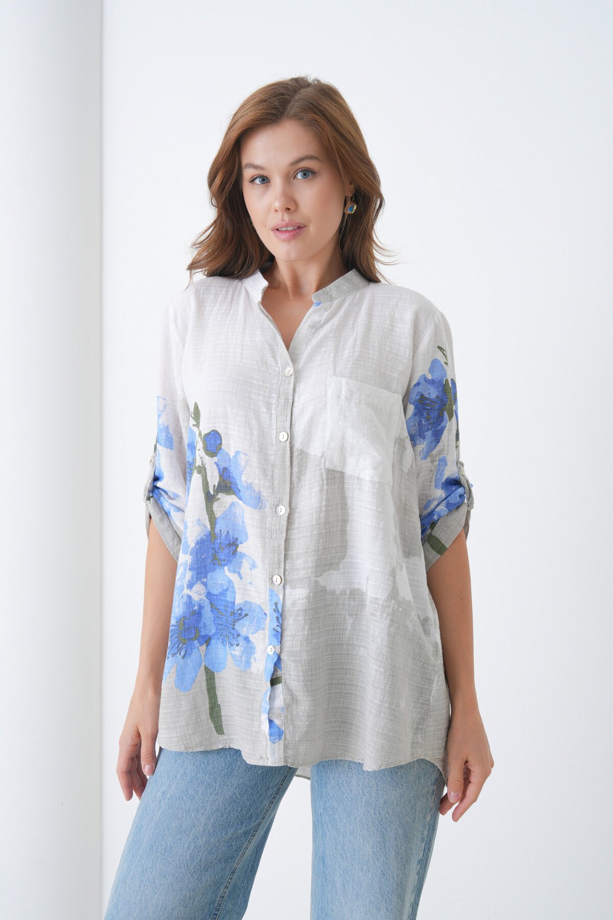 Kadın Tesettüre Uygun Uzun Kol Pamuk Şık Büyük Beden Desenli Curve Rahat İtalyan Keten Gömlek