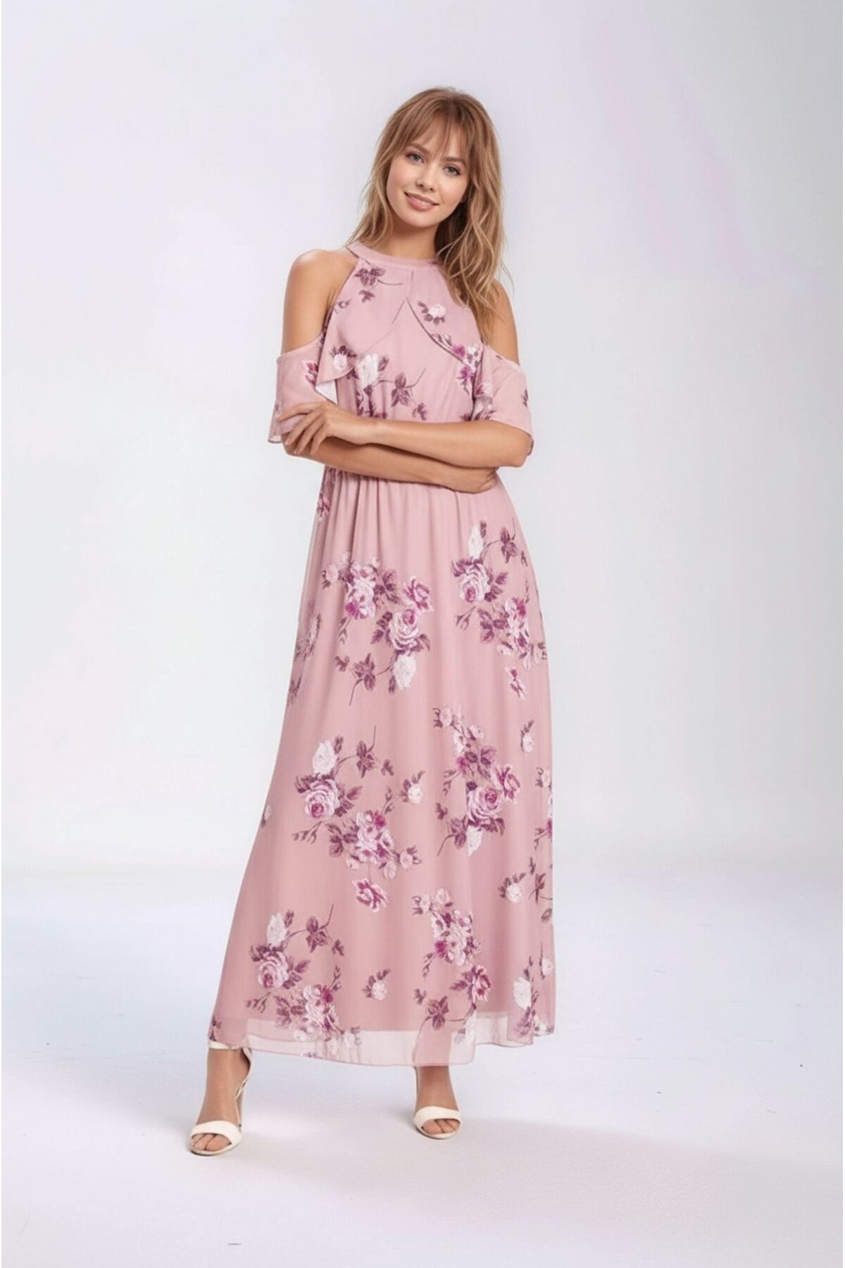 Kadın Tül Detaylı Omzu Açık Şık Rahat Kalıp Büyük Beden Curve Abiye Elbise