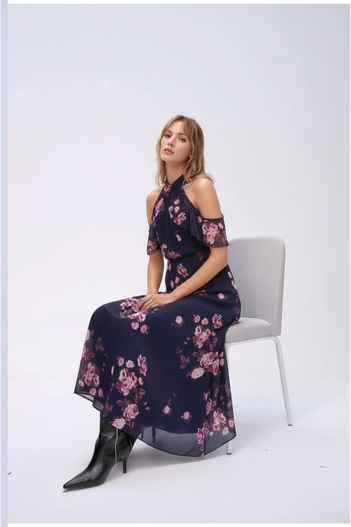 Kadın Tül Detaylı Omzu Açık Şık Rahat Kalıp Büyük Beden Curve Abiye Elbise