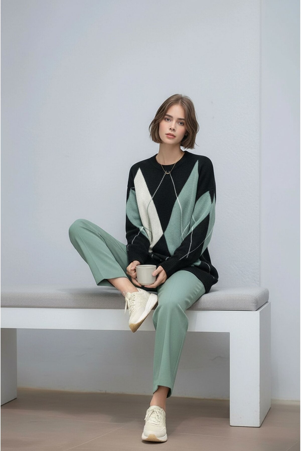 Kadın Uzun Kol Baklava Desen Bisiklet Yaka Tunik Boy Triko Büyük Beden Oversize Kazak Tunik