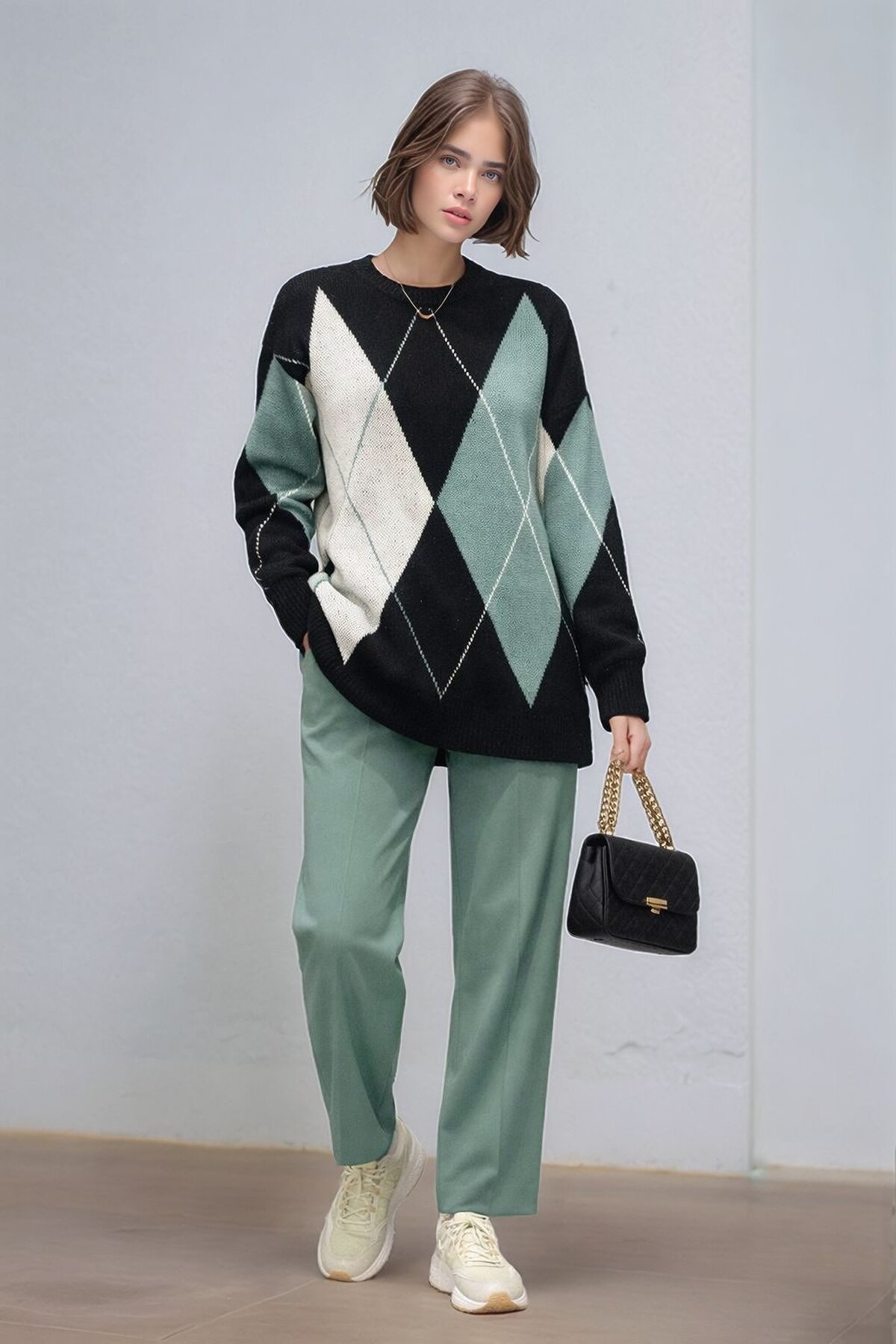 Kadın Uzun Kol Baklava Desen Bisiklet Yaka Tunik Boy Triko Büyük Beden Oversize Kazak Tunik