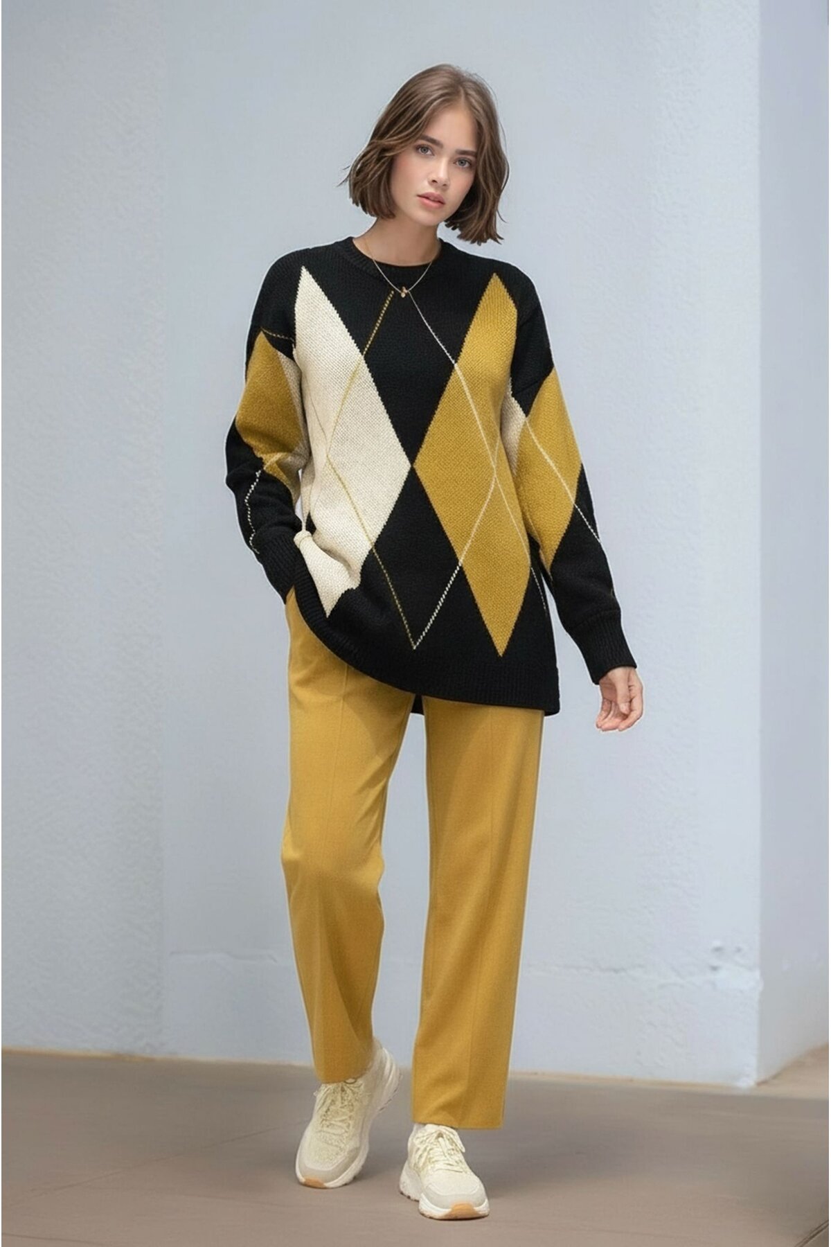 Kadın Uzun Kol Baklava Desen Bisiklet Yaka Tunik Boy Triko Büyük Beden Oversize Kazak Tunik