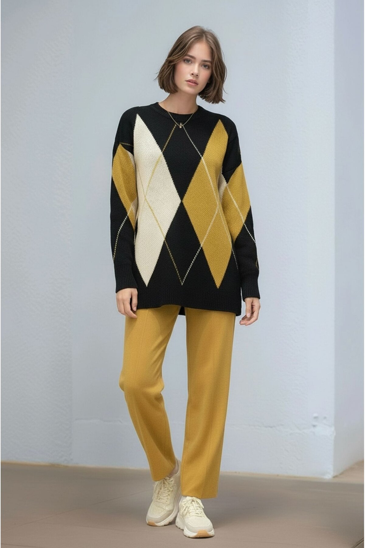 Kadın Uzun Kol Baklava Desen Bisiklet Yaka Tunik Boy Triko Büyük Beden Oversize Kazak Tunik