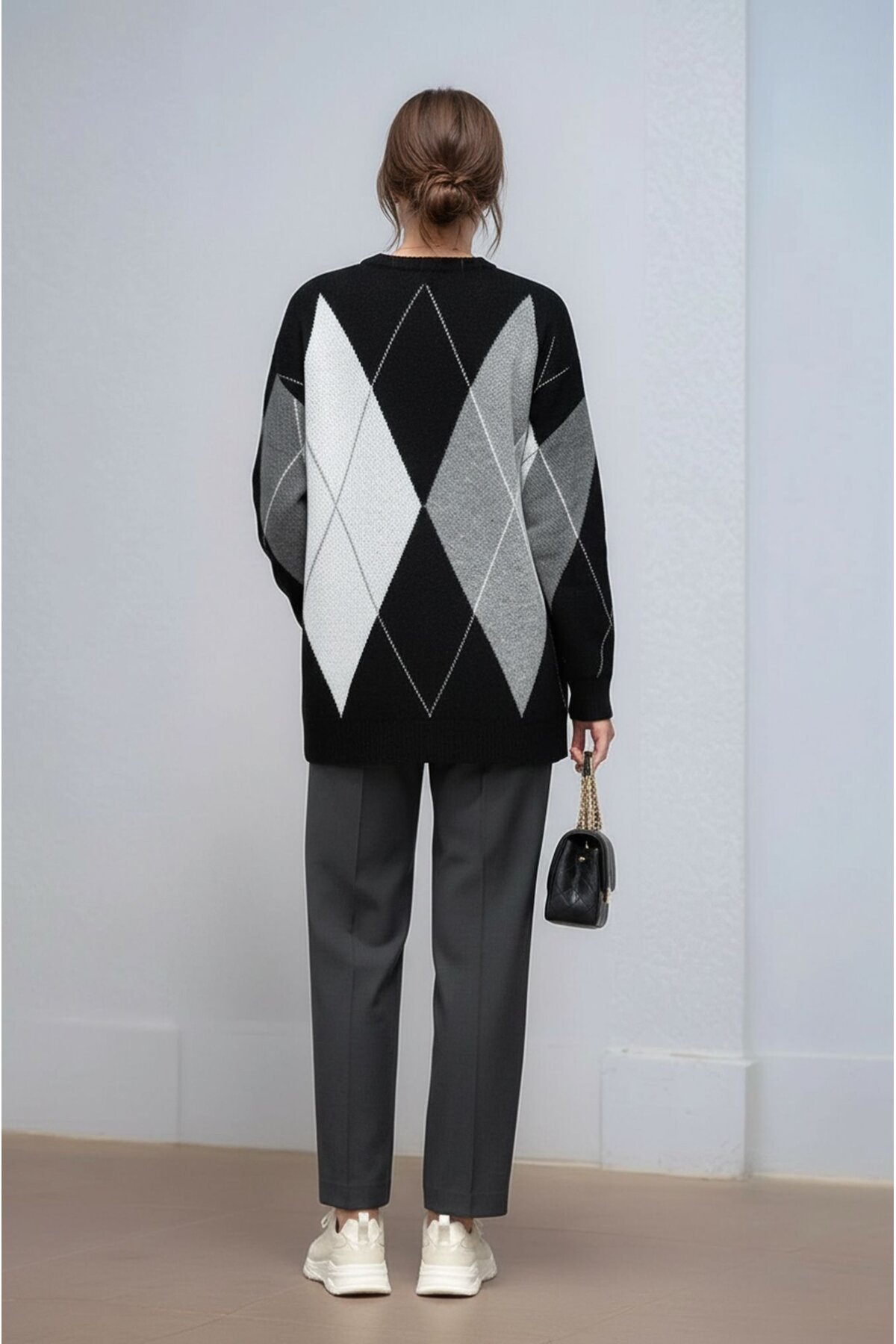 Kadın Uzun Kol Baklava Desen Bisiklet Yaka Tunik Boy Triko Büyük Beden Oversize Kazak Tunik