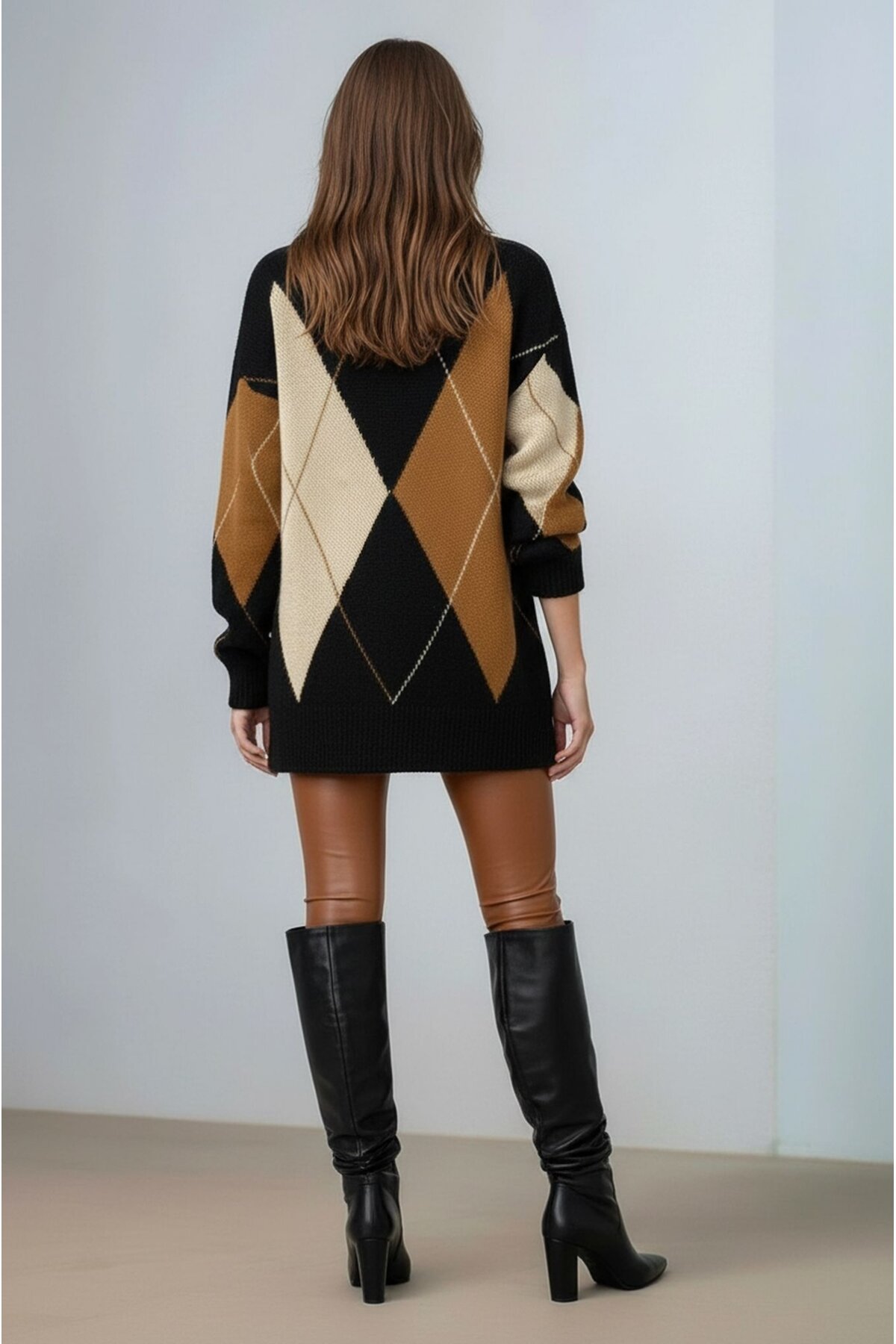 Kadın Uzun Kol Baklava Desen Bisiklet Yaka Tunik Boy Triko Büyük Beden Oversize Kazak Tunik