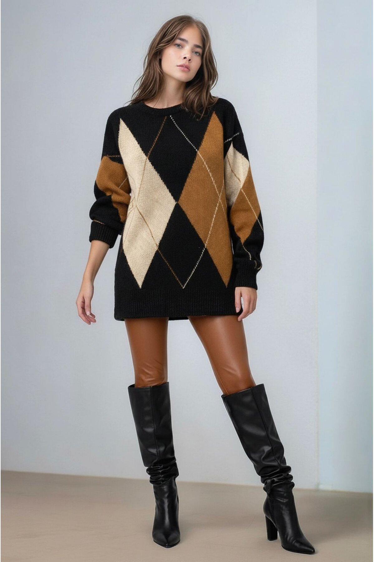 Kadın Uzun Kol Baklava Desen Bisiklet Yaka Tunik Boy Triko Büyük Beden Oversize Kazak Tunik