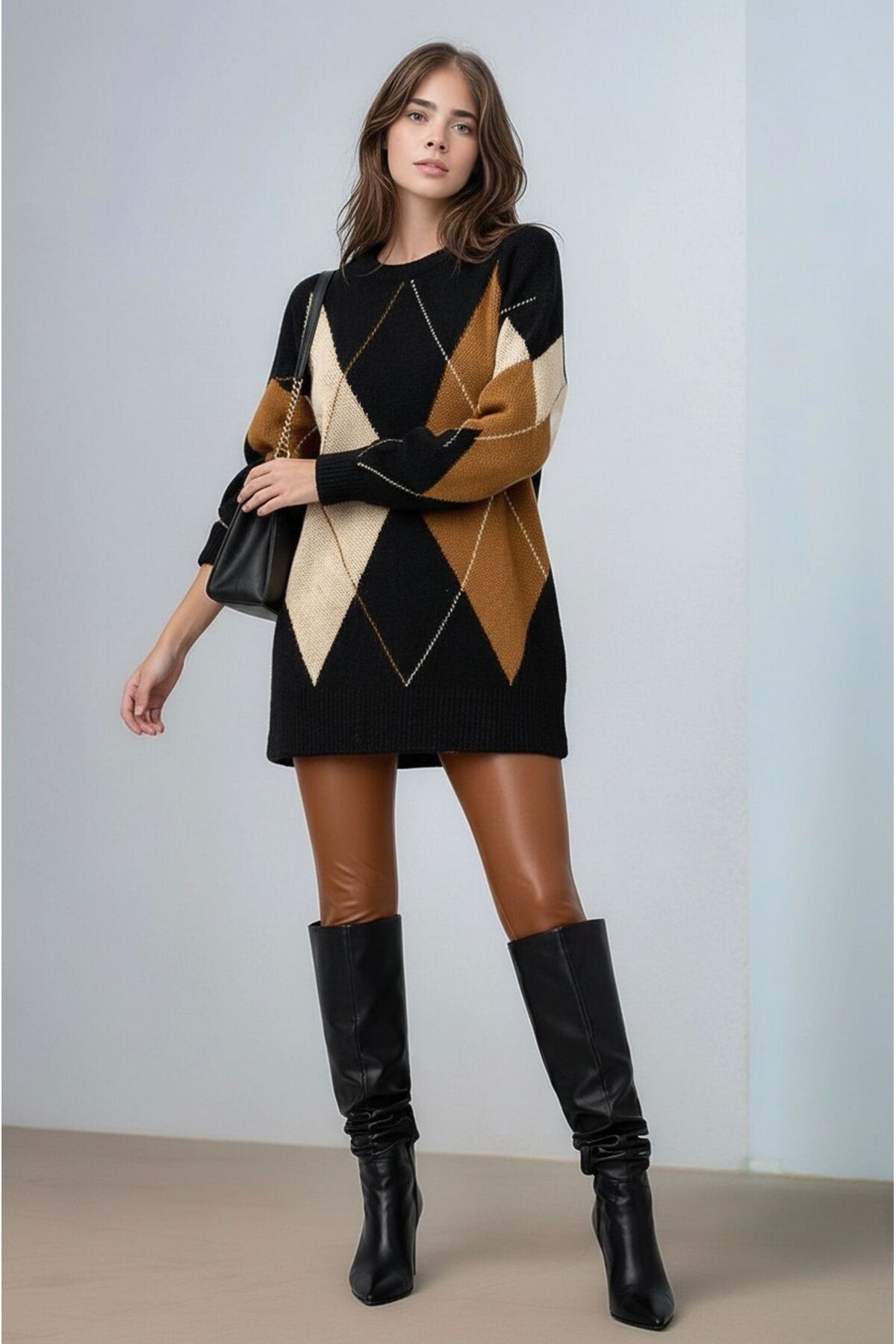 Kadın Uzun Kol Baklava Desen Bisiklet Yaka Tunik Boy Triko Büyük Beden Oversize Kazak Tunik