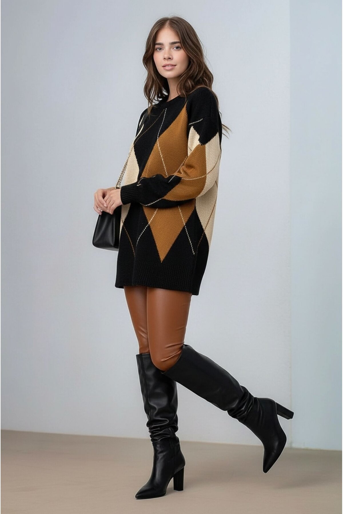 Kadın Uzun Kol Baklava Desen Bisiklet Yaka Tunik Boy Triko Büyük Beden Oversize Kazak Tunik