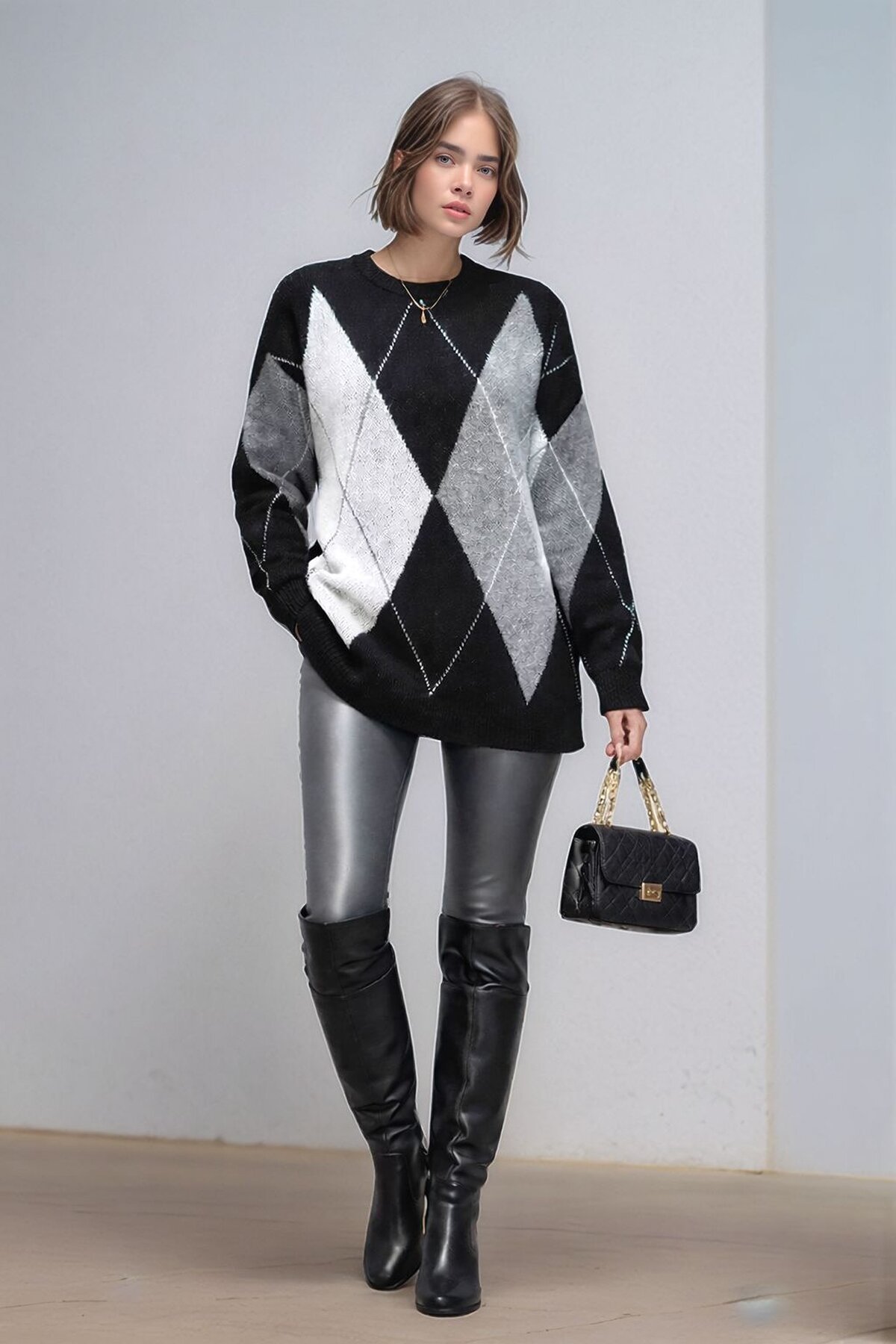 Kadın Uzun Kol Baklava Desen Bisiklet Yaka Tunik Boy Triko Büyük Beden Oversize Kazak Tunik