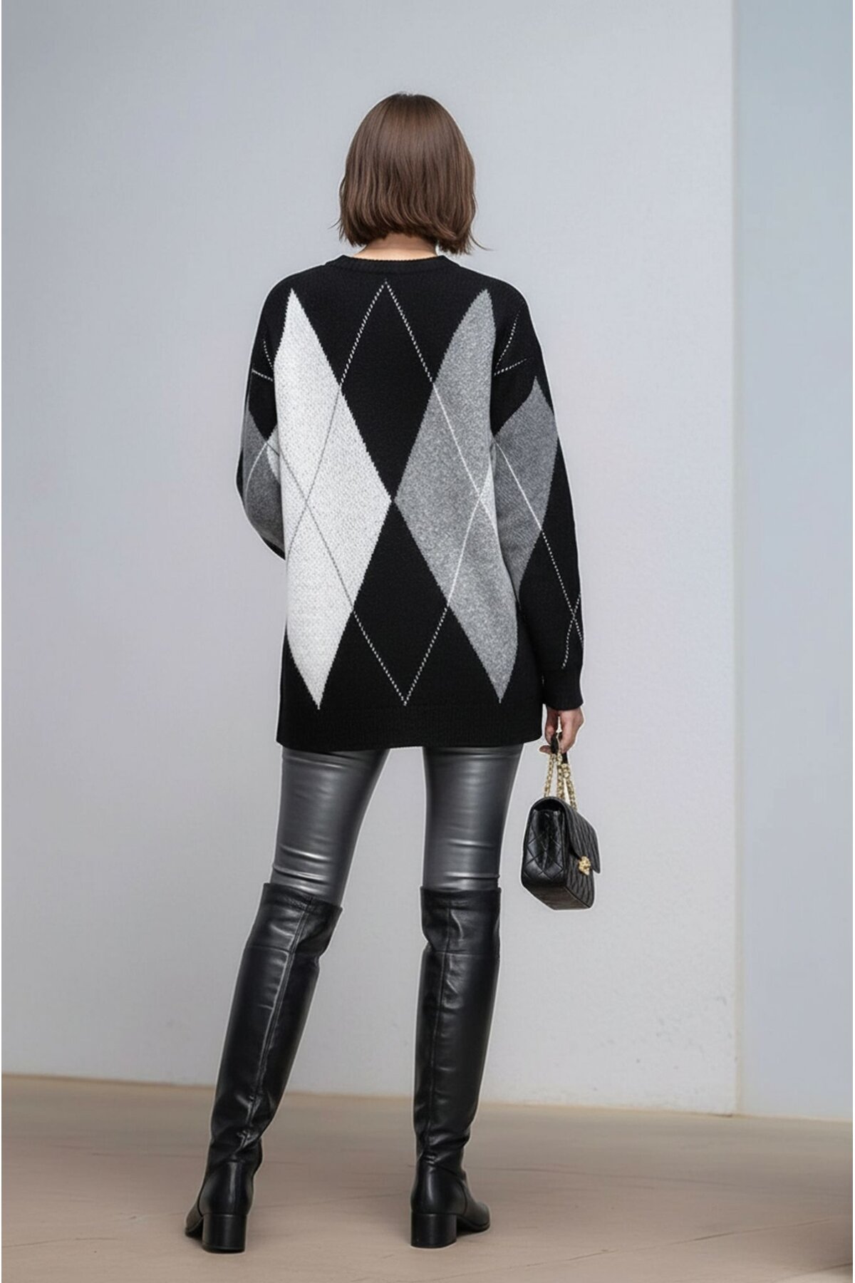 Kadın Uzun Kol Baklava Desen Bisiklet Yaka Tunik Boy Triko Büyük Beden Oversize Kazak Tunik