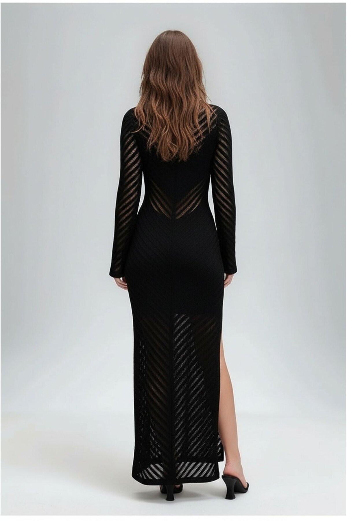 Kadın Uzun Kol Bisiklet Yaka Ajurlu Asimetrik Çan Etek İnce Pamuk Triko Tasarım Yırtmaçlı Elbise