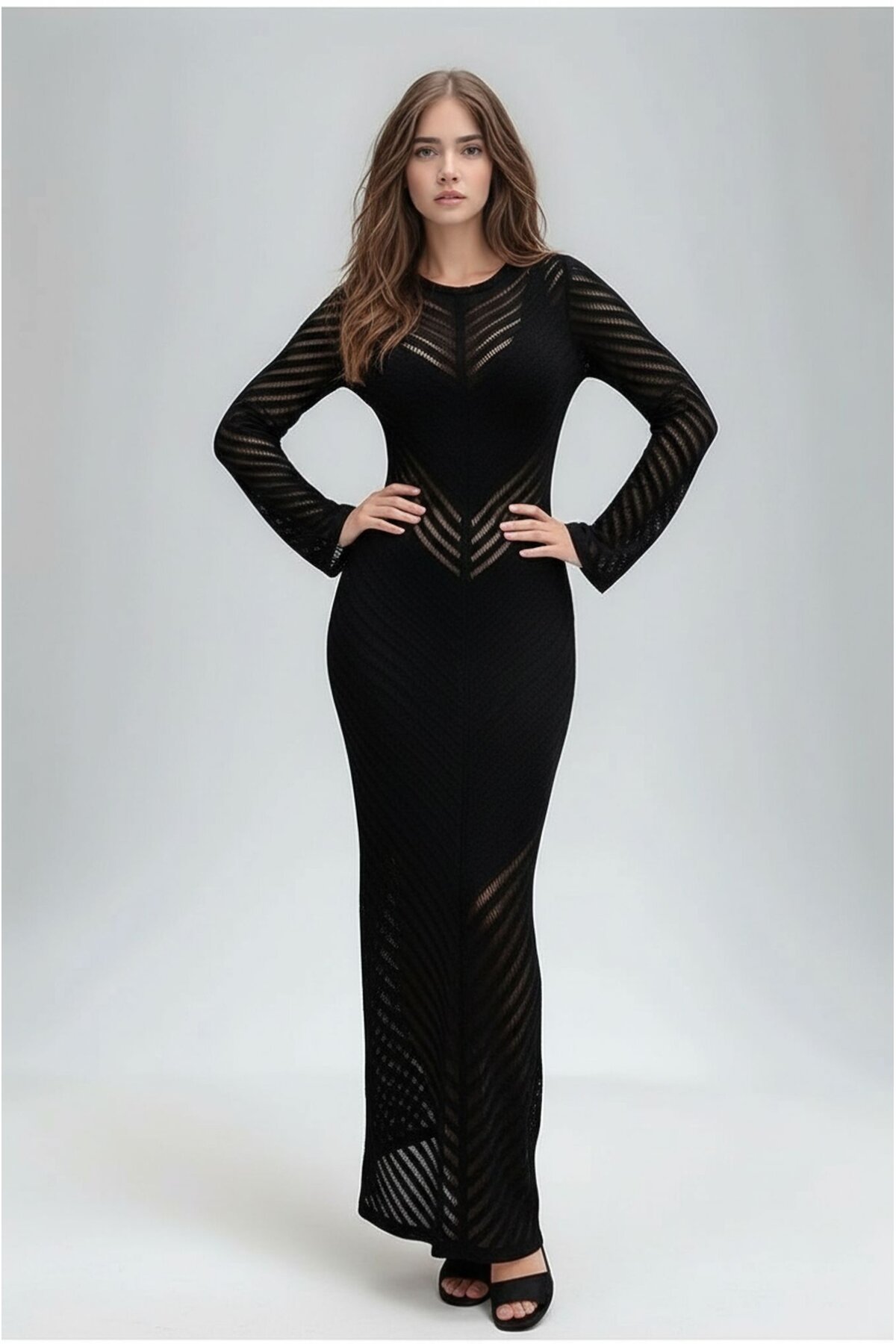 Kadın Uzun Kol Bisiklet Yaka Ajurlu Asimetrik Çan Etek İnce Pamuk Triko Tasarım Yırtmaçlı Elbise