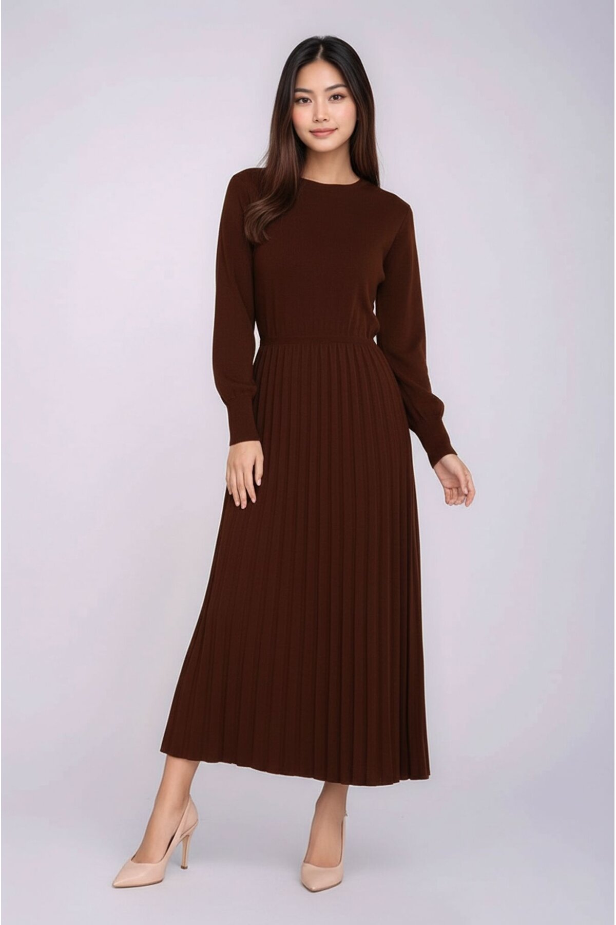 Kadın Uzun Kol Bisiklet Yaka Belden Asimetrik Etek Triko Spor Şık Elbise