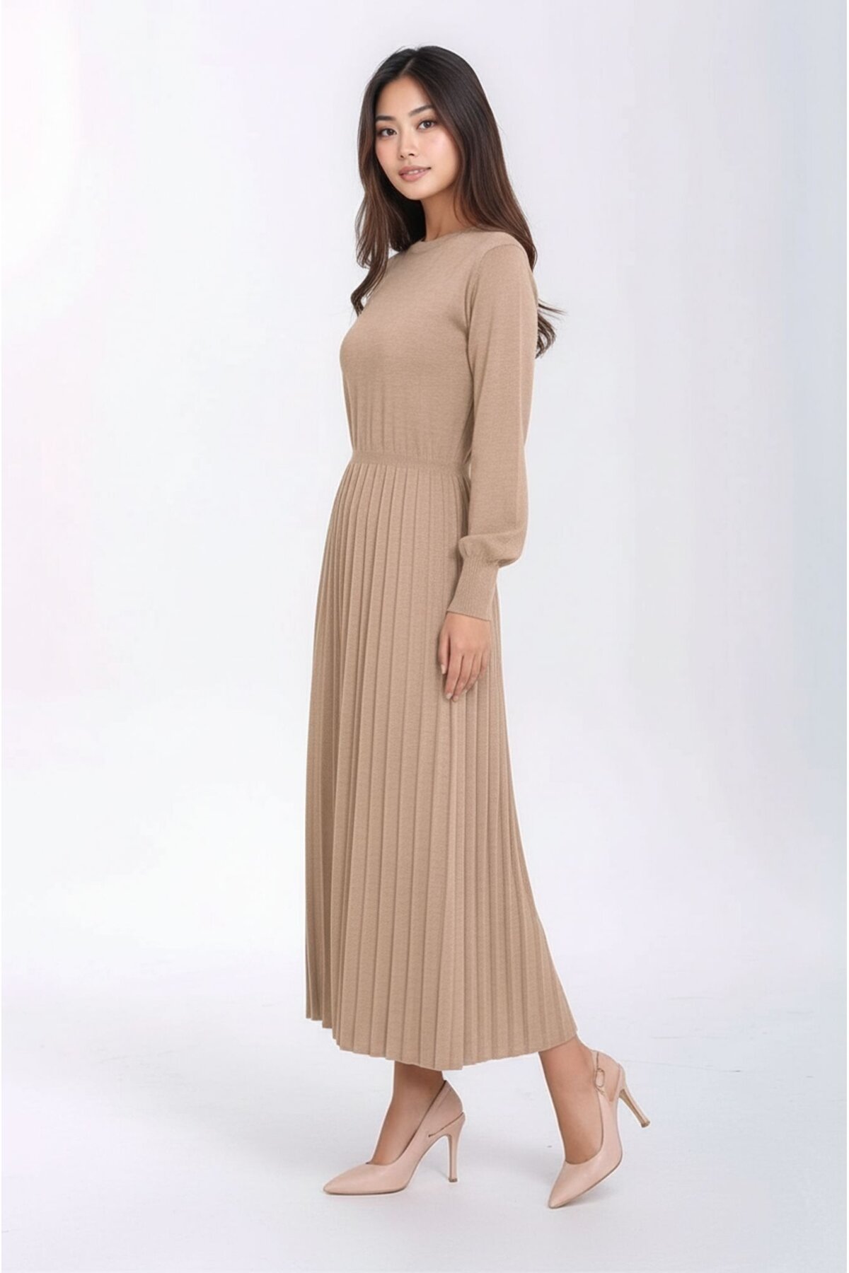 Kadın Uzun Kol Bisiklet Yaka Belden Asimetrik Etek Triko Spor Şık Elbise