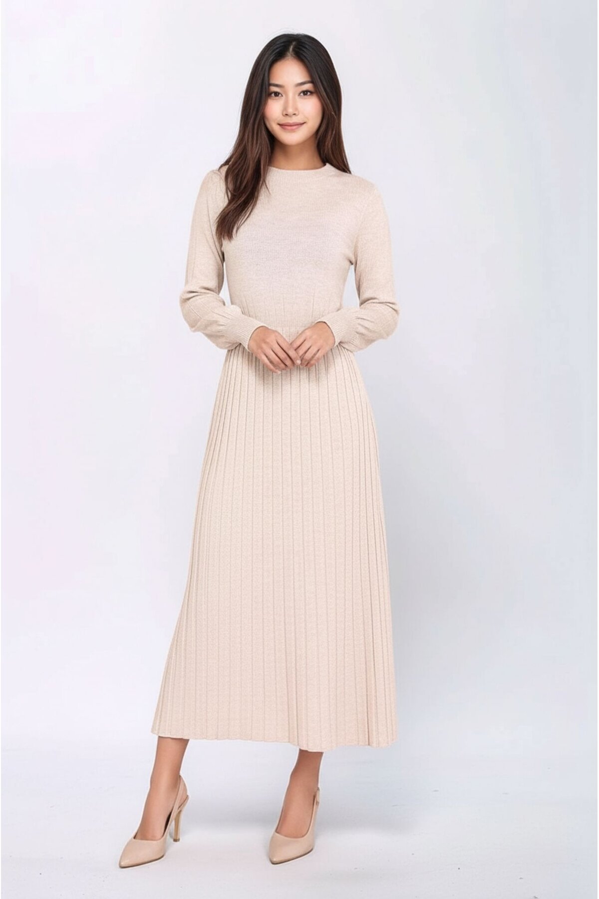 Kadın Uzun Kol Bisiklet Yaka Belden Asimetrik Etek Triko Spor Şık Elbise