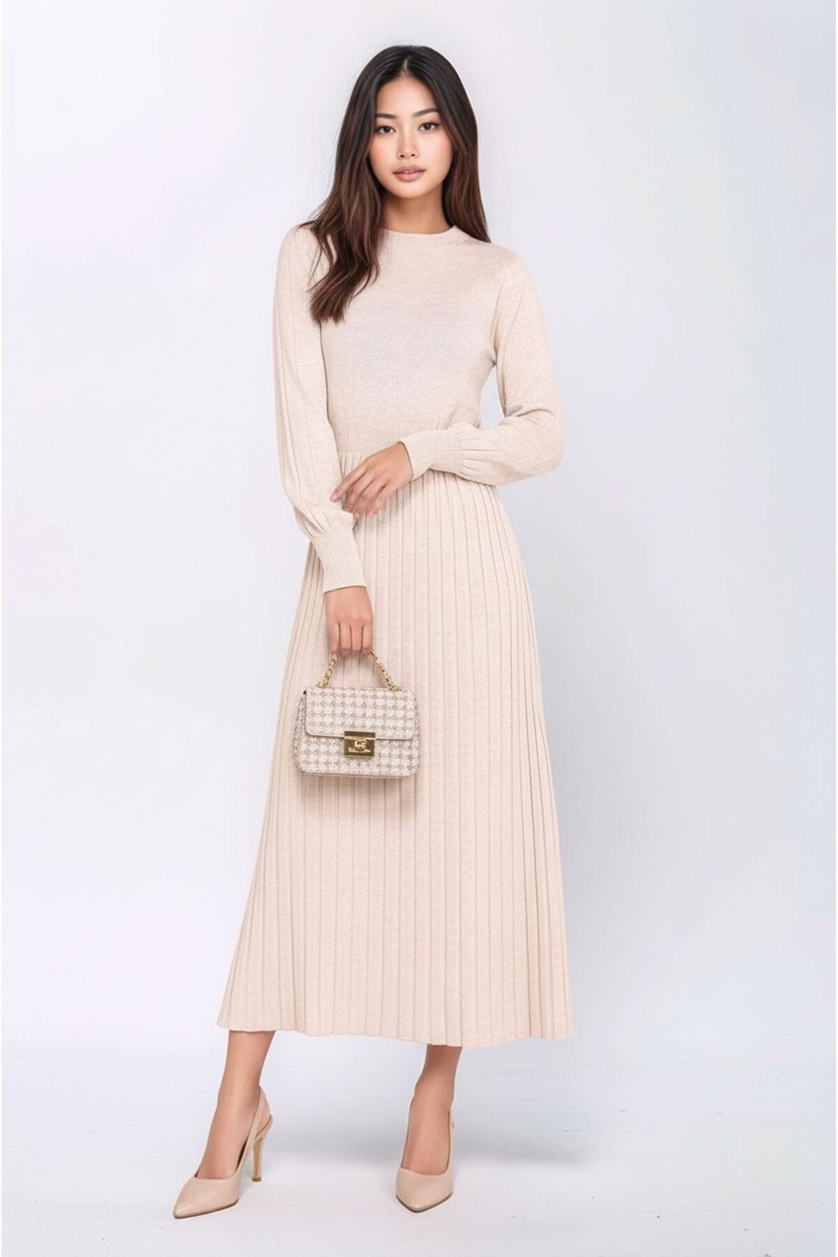 Kadın Uzun Kol Bisiklet Yaka Belden Asimetrik Etek Triko Spor Şık Elbise