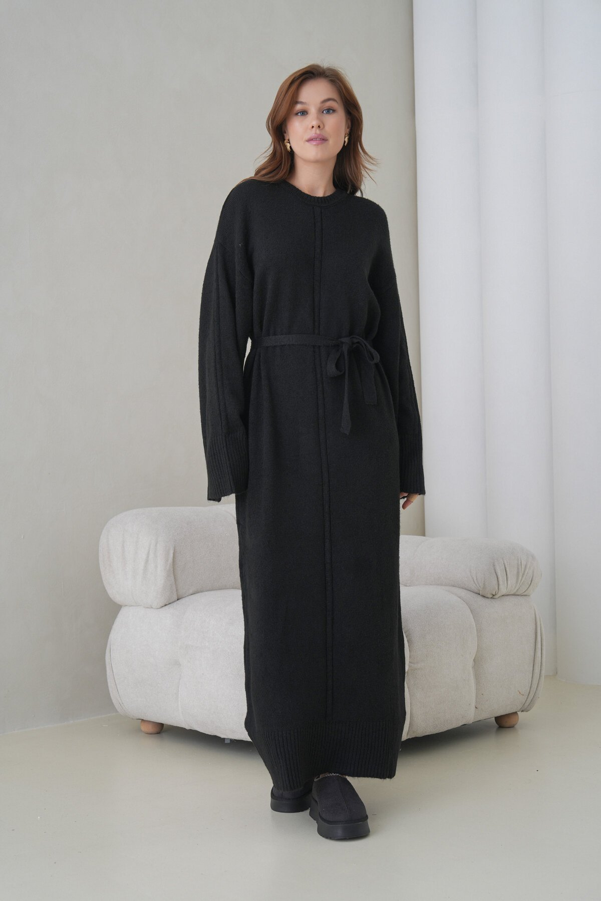 Kadın Uzun Kol Bisiklet Yaka Tesettüre Uygun Dokulu Kuşaklı Triko Spor Şık Maxi Boy Uzun Elbise