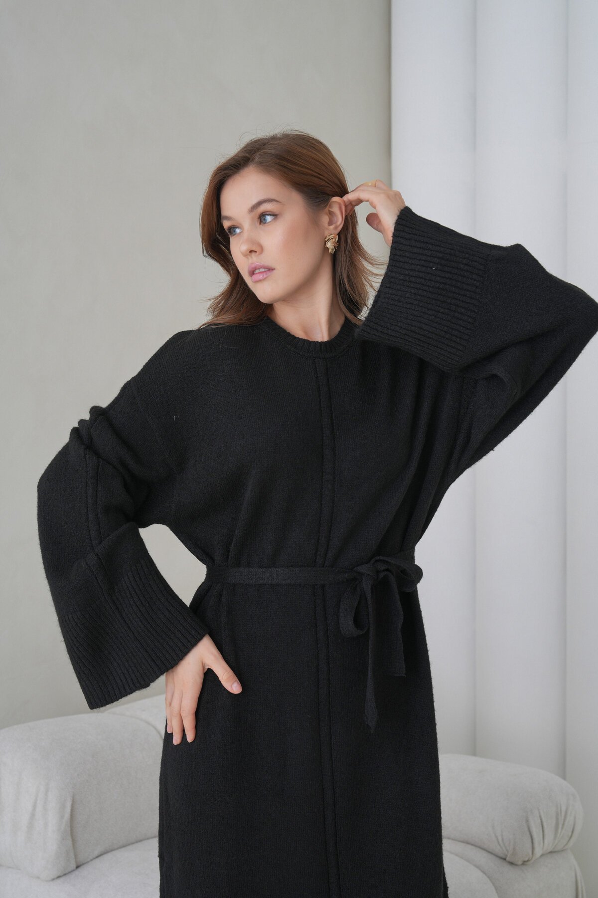 Kadın Uzun Kol Bisiklet Yaka Tesettüre Uygun Dokulu Kuşaklı Triko Spor Şık Maxi Boy Uzun Elbise