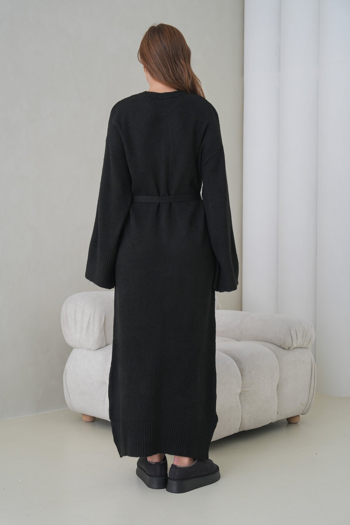 Kadın Uzun Kol Bisiklet Yaka Tesettüre Uygun Dokulu Kuşaklı Triko Spor Şık Maxi Boy Uzun Elbise