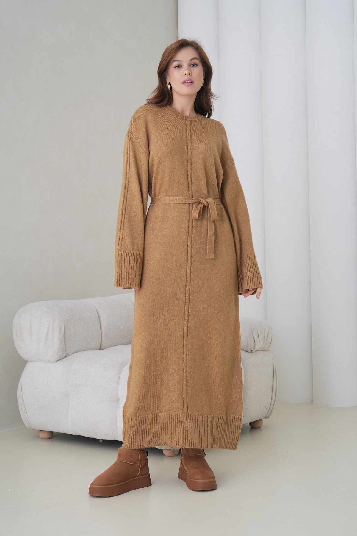 Kadın Uzun Kol Bisiklet Yaka Tesettüre Uygun Dokulu Kuşaklı Triko Spor Şık Maxi Boy Uzun Elbise