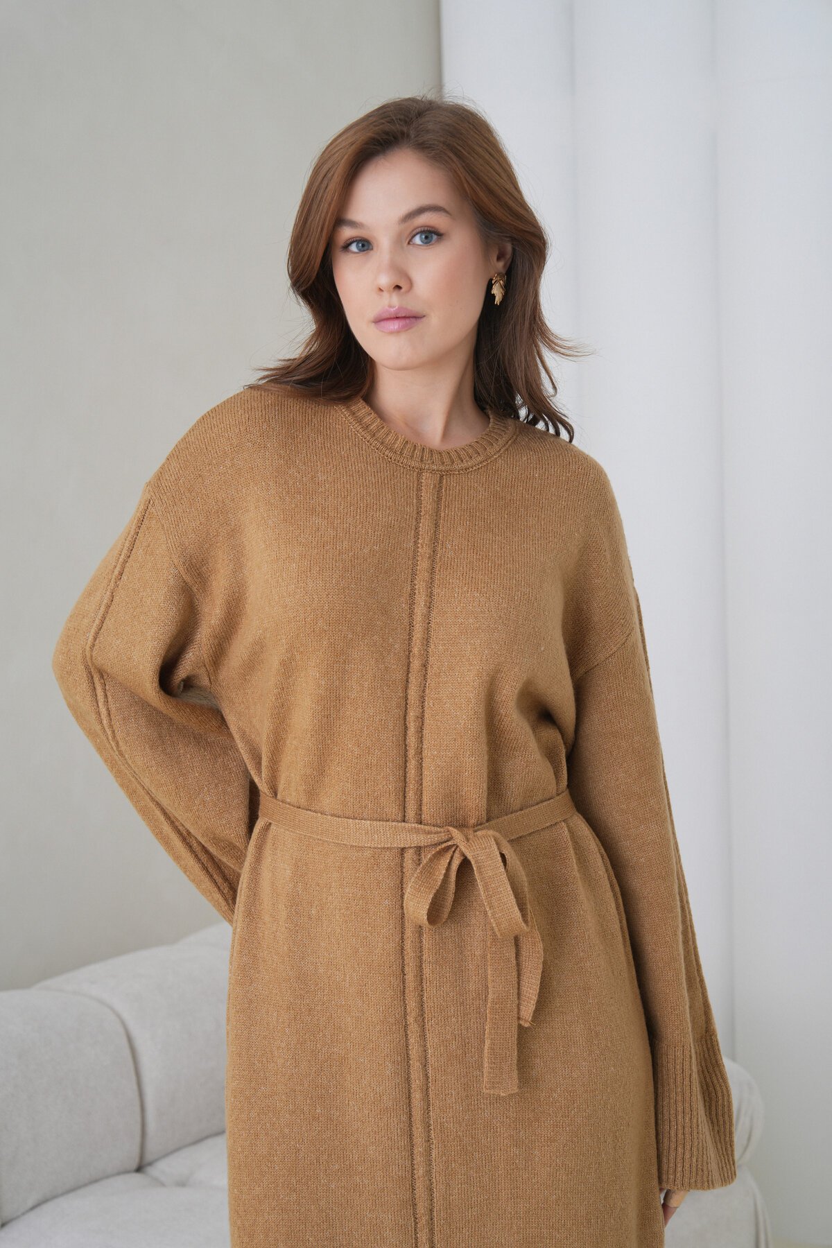 Kadın Uzun Kol Bisiklet Yaka Tesettüre Uygun Dokulu Kuşaklı Triko Spor Şık Maxi Boy Uzun Elbise