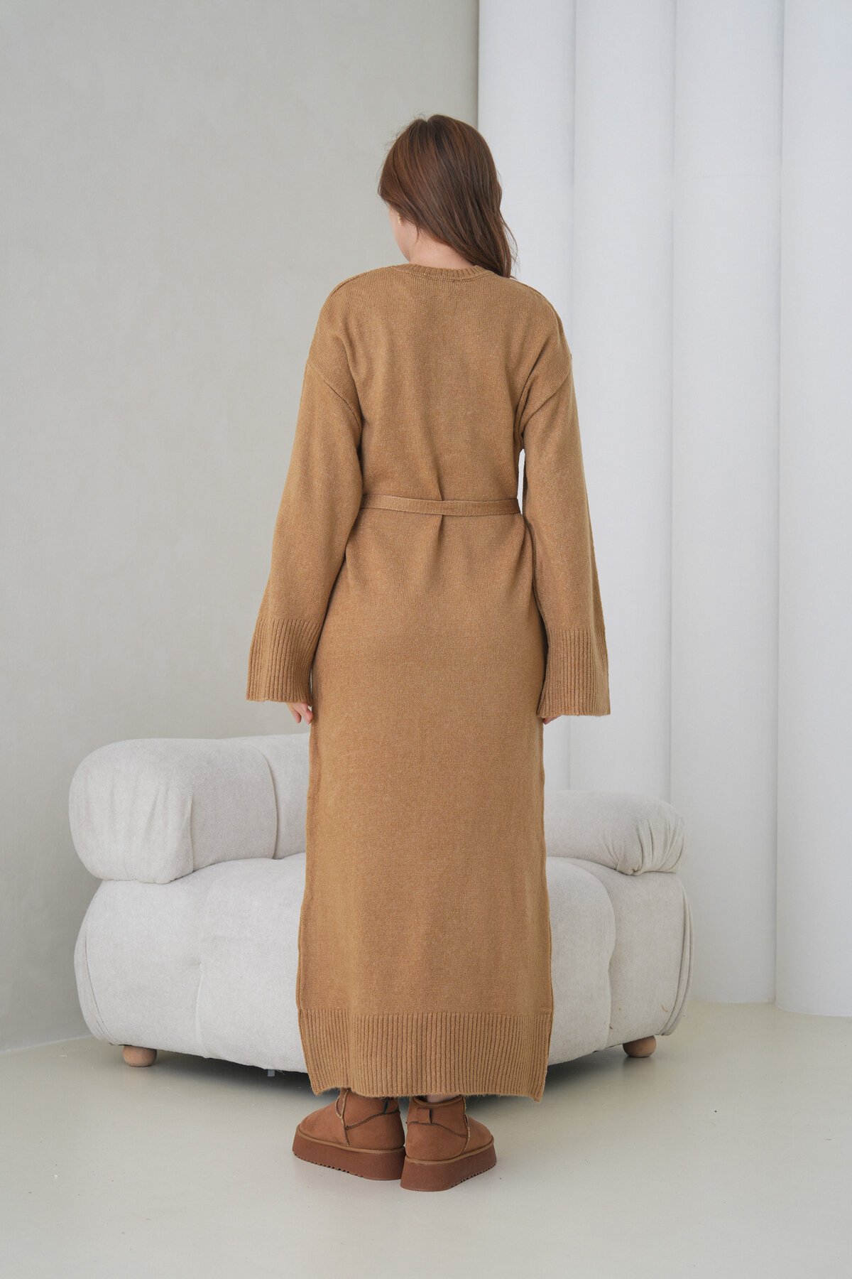 Kadın Uzun Kol Bisiklet Yaka Tesettüre Uygun Dokulu Kuşaklı Triko Spor Şık Maxi Boy Uzun Elbise