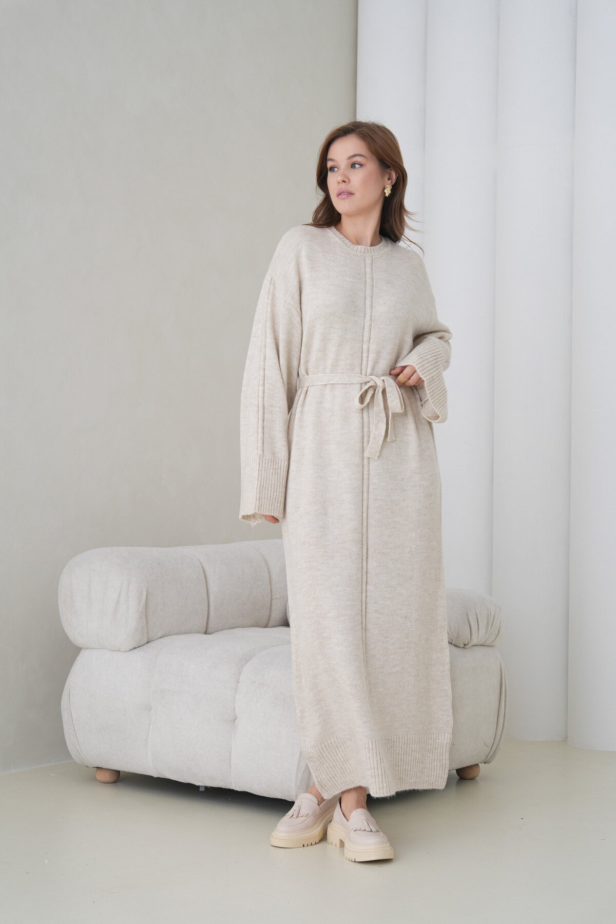 Kadın Uzun Kol Bisiklet Yaka Tesettüre Uygun Dokulu Kuşaklı Triko Spor Şık Maxi Boy Uzun Elbise