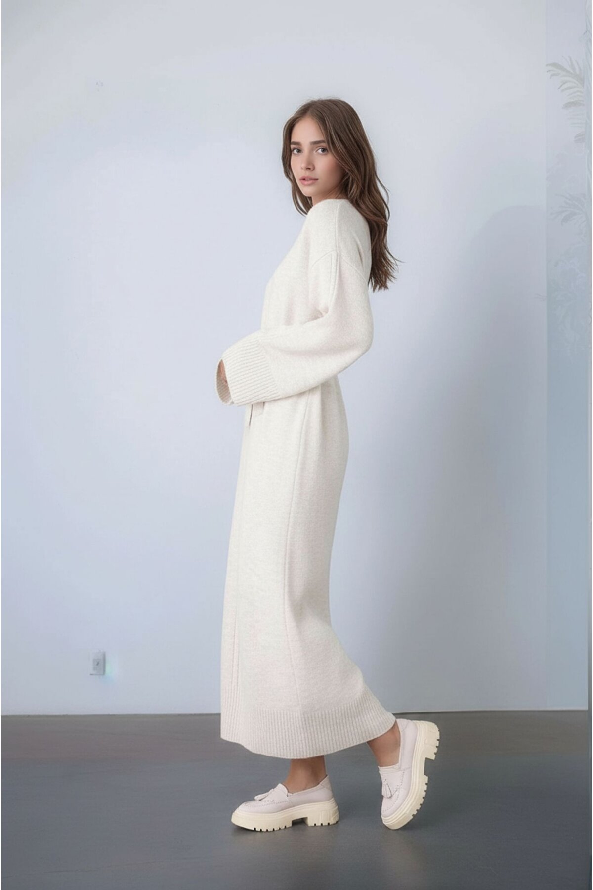 Kadın Uzun Kol Bisiklet Yaka Tesettüre Uygun Dokulu Kuşaklı Triko Spor Şık Maxi Boy Uzun Elbise