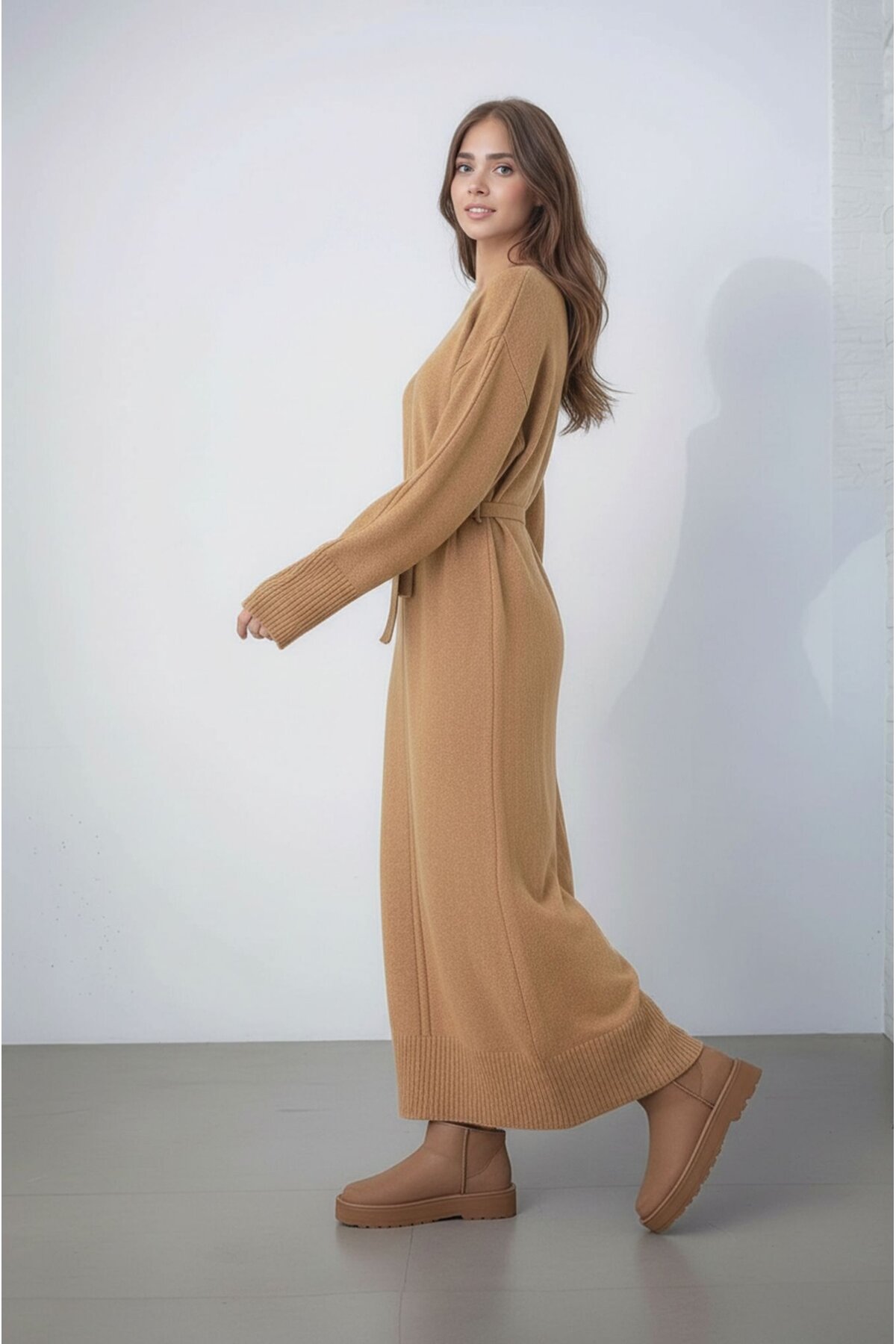 Kadın Uzun Kol Bisiklet Yaka Tesettüre Uygun Dokulu Kuşaklı Triko Spor Şık Maxi Boy Uzun Elbise