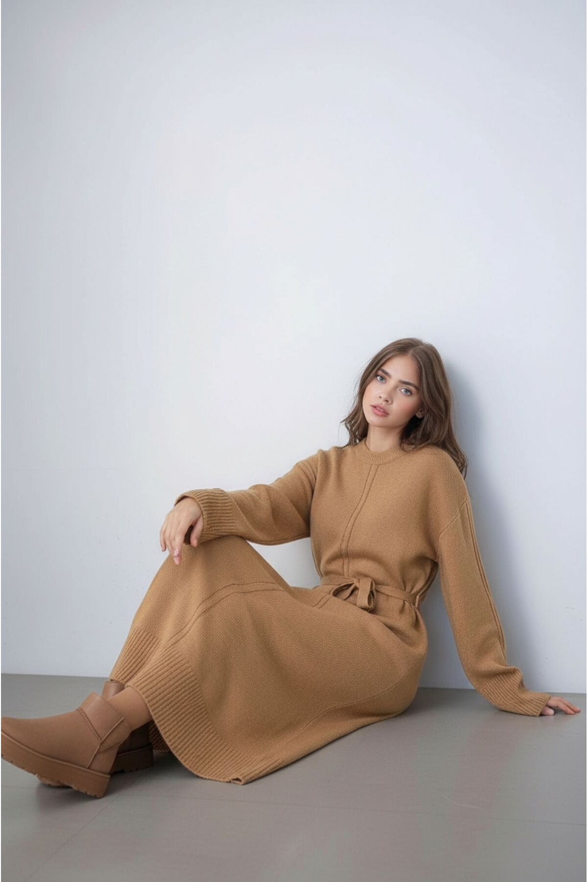 Kadın Uzun Kol Bisiklet Yaka Tesettüre Uygun Dokulu Kuşaklı Triko Spor Şık Maxi Boy Uzun Elbise