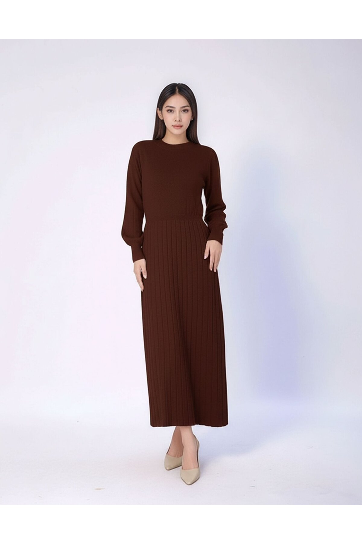 Kadın Uzun Kol Bisiklet Yaka Triko Belden Asimetrik Etek Triko Spor Şık Elbise