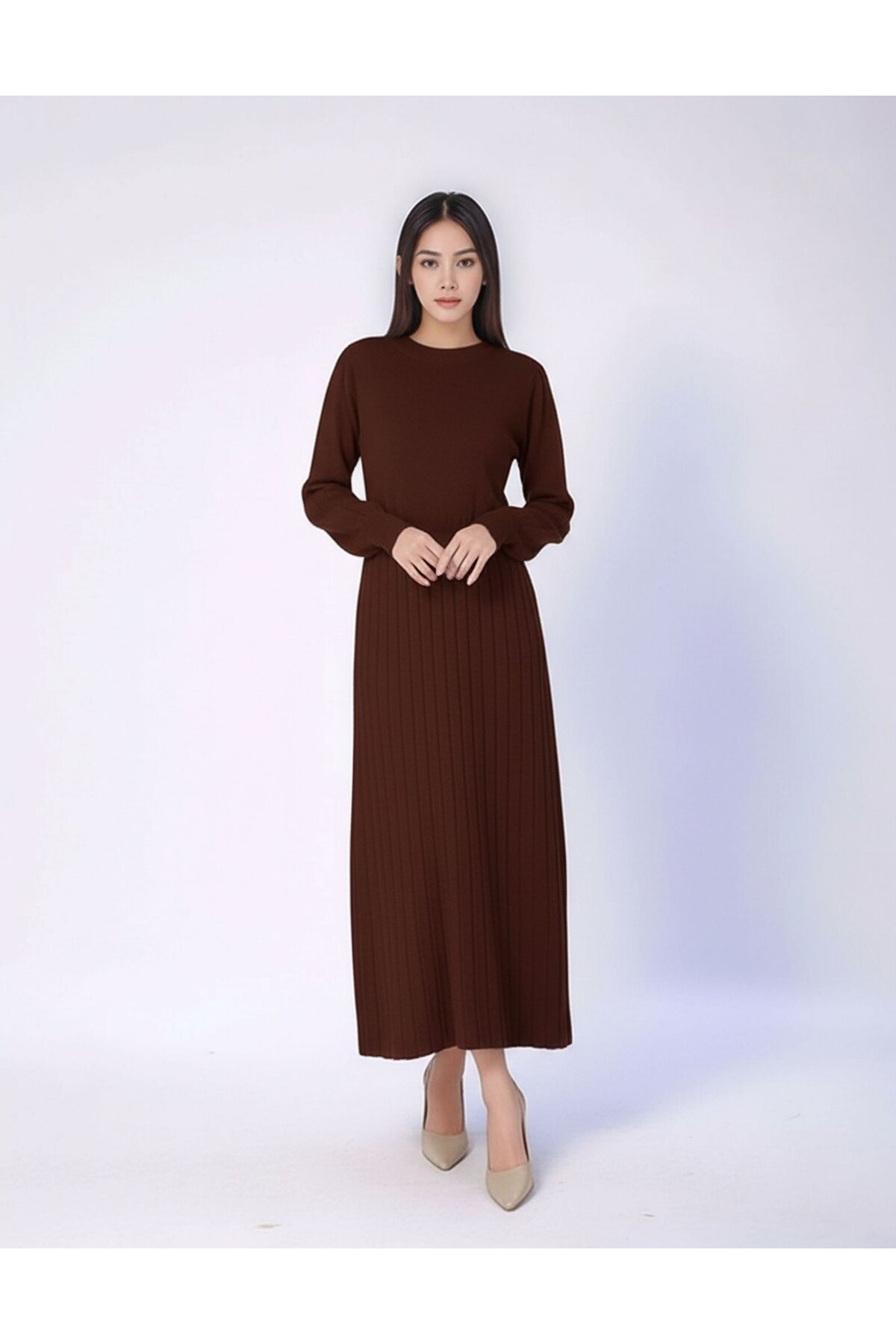 Kadın Uzun Kol Bisiklet Yaka Triko Belden Asimetrik Etek Triko Spor Şık Elbise