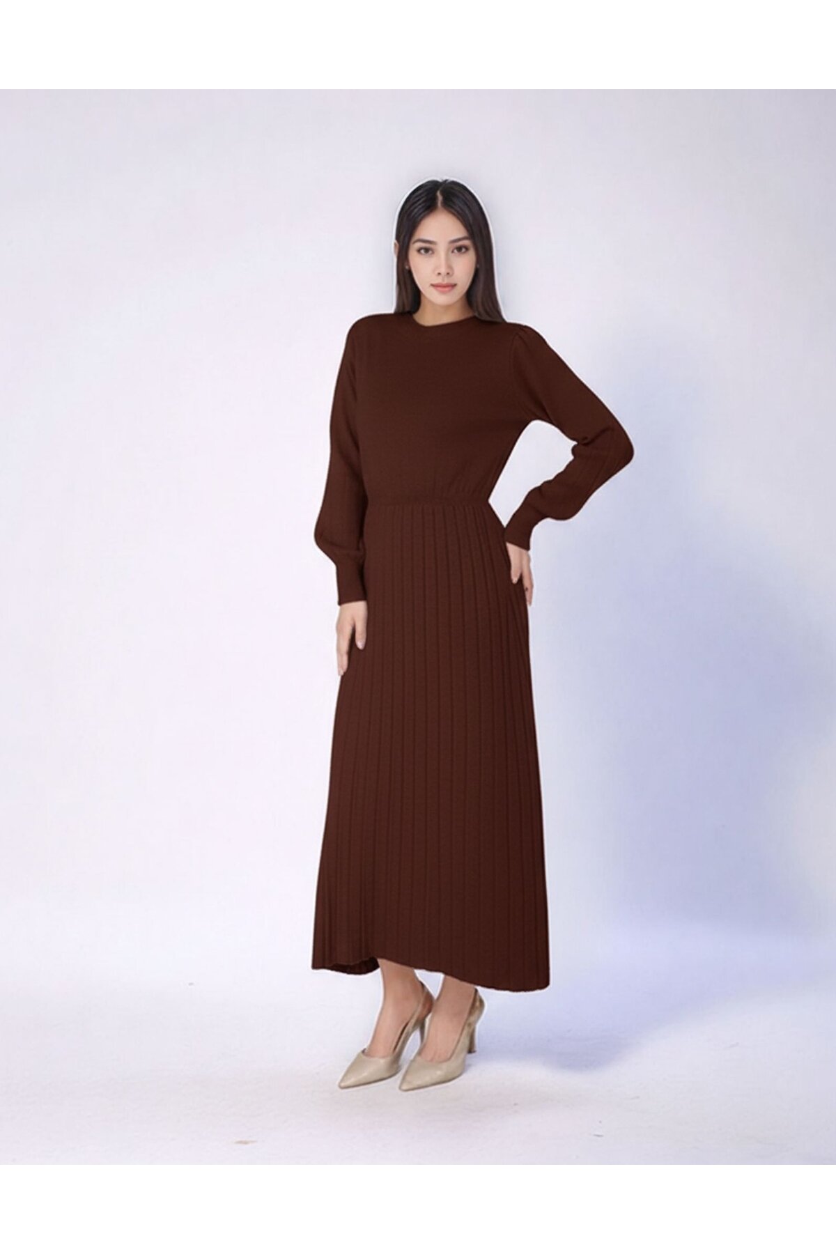 Kadın Uzun Kol Bisiklet Yaka Triko Belden Asimetrik Etek Triko Spor Şık Elbise