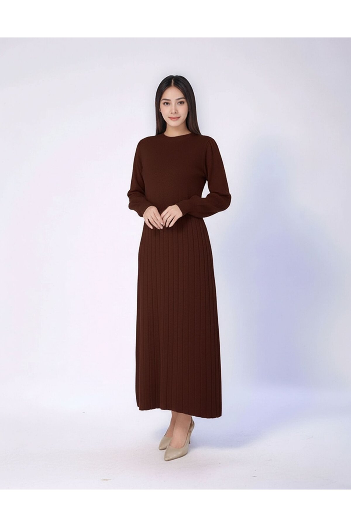 Kadın Uzun Kol Bisiklet Yaka Triko Belden Asimetrik Etek Triko Spor Şık Elbise