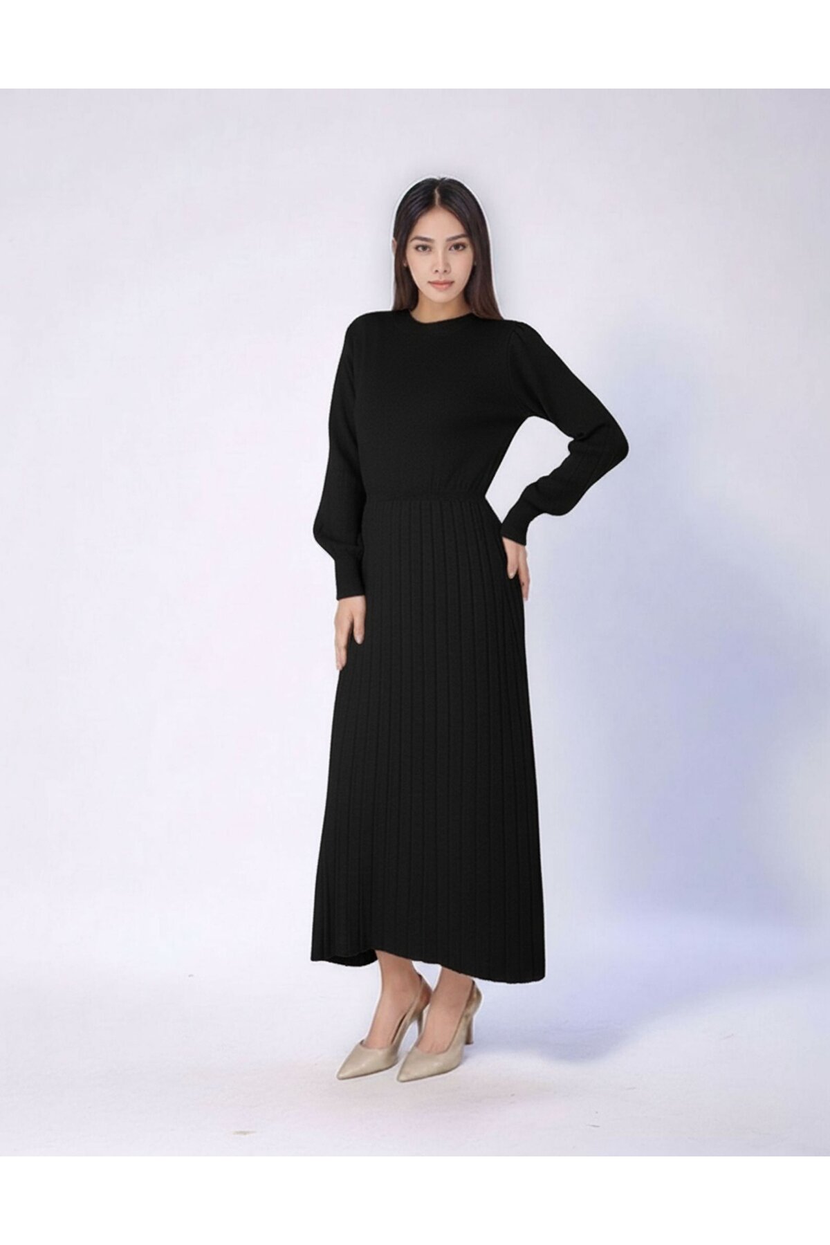 Kadın Uzun Kol Bisiklet Yaka Triko Belden Asimetrik Etek Triko Spor Şık Elbise